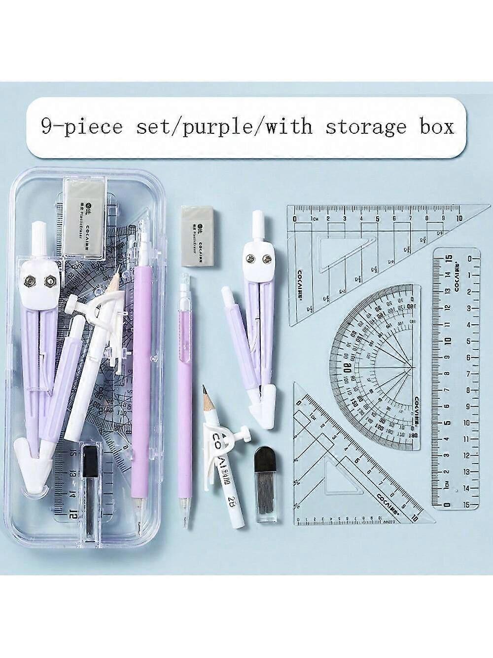 9pcs Math Drawing Tool Set In Compass And Ruler Style With Eraser For Student Exam And Homework, Suitable For Elementary Students