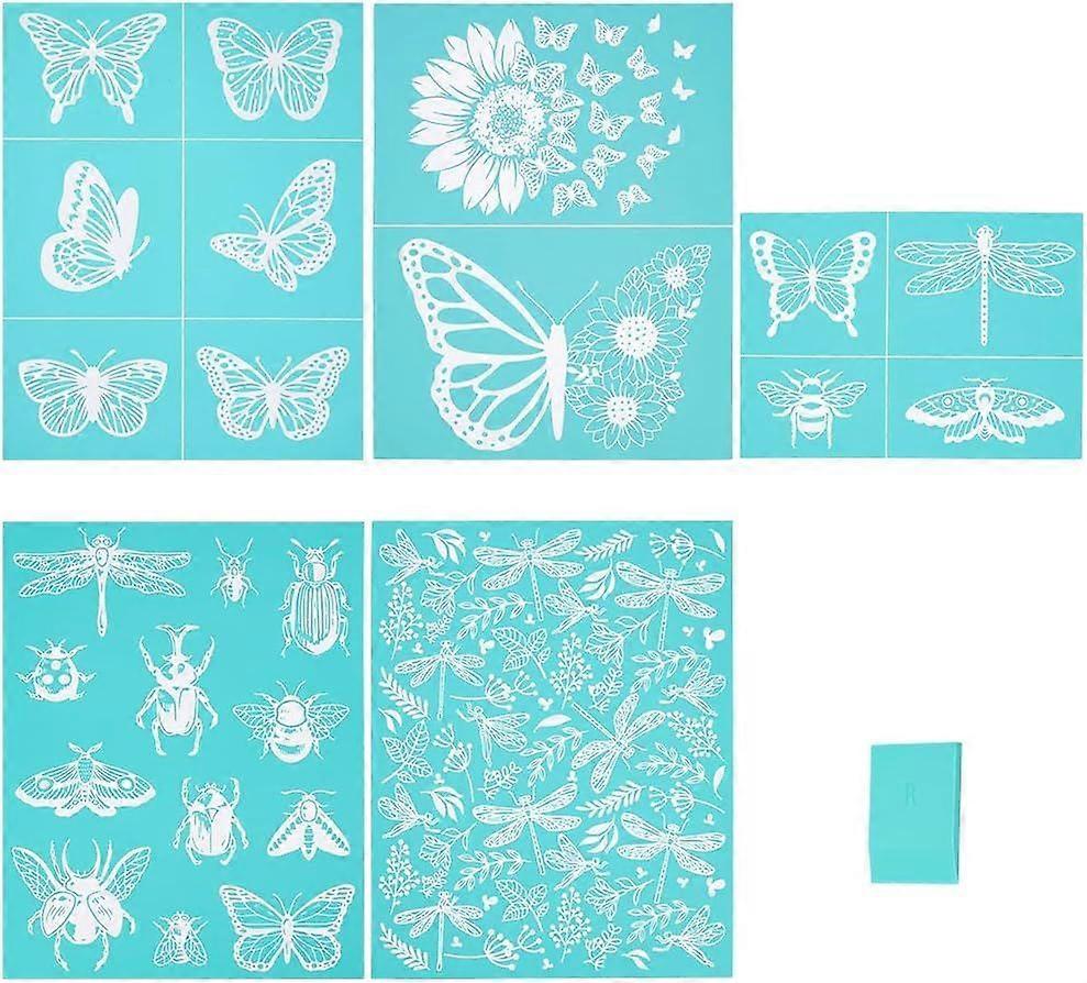 5pcs Self-Adhesive Silk Screen Printing Stencil Insect Theme Silk Screen Stencil Butterfly Dragonfly Stencils Ladybug Reusable Mesh Transfer with 1pc