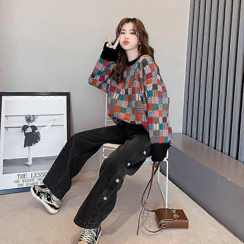 Vintage plaid sweater for women 2022 o neck autumn and winter loose long sleeve plush knitwear sweater pullover female tops