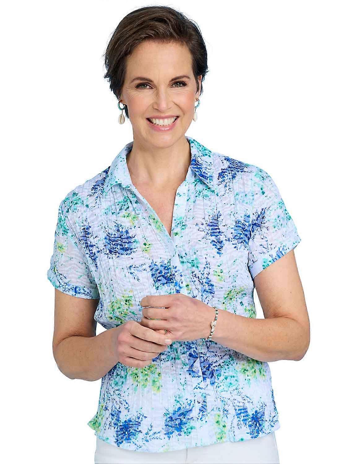 Chums | Ladies | Crinkle Burnout Print Blouse – Lightweight Short Sleeve Button-Through Top with Embroidered Detail