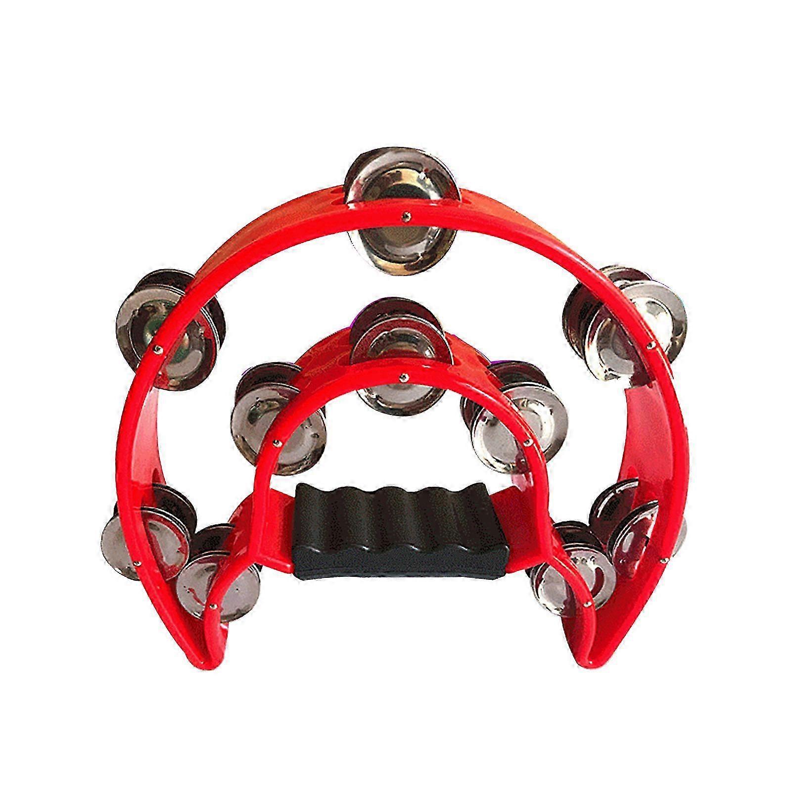 Tambourine jingles, Double - row metal jingles on red frame with black non - slip handle, Ideal for musical performances and rhythmic play