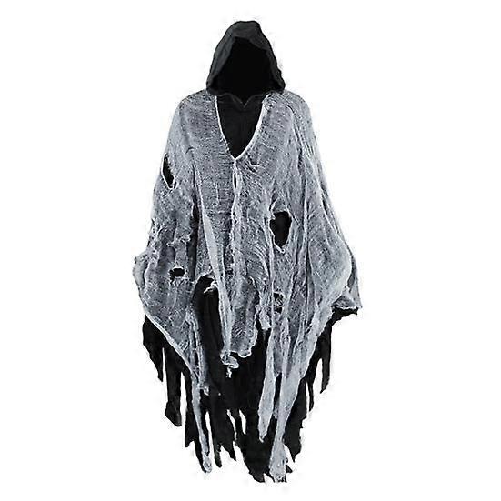 Halloween Cloak Hooded Cosplay Costume Long Wizard Cape with Irregular Mesh Haunted House NPC