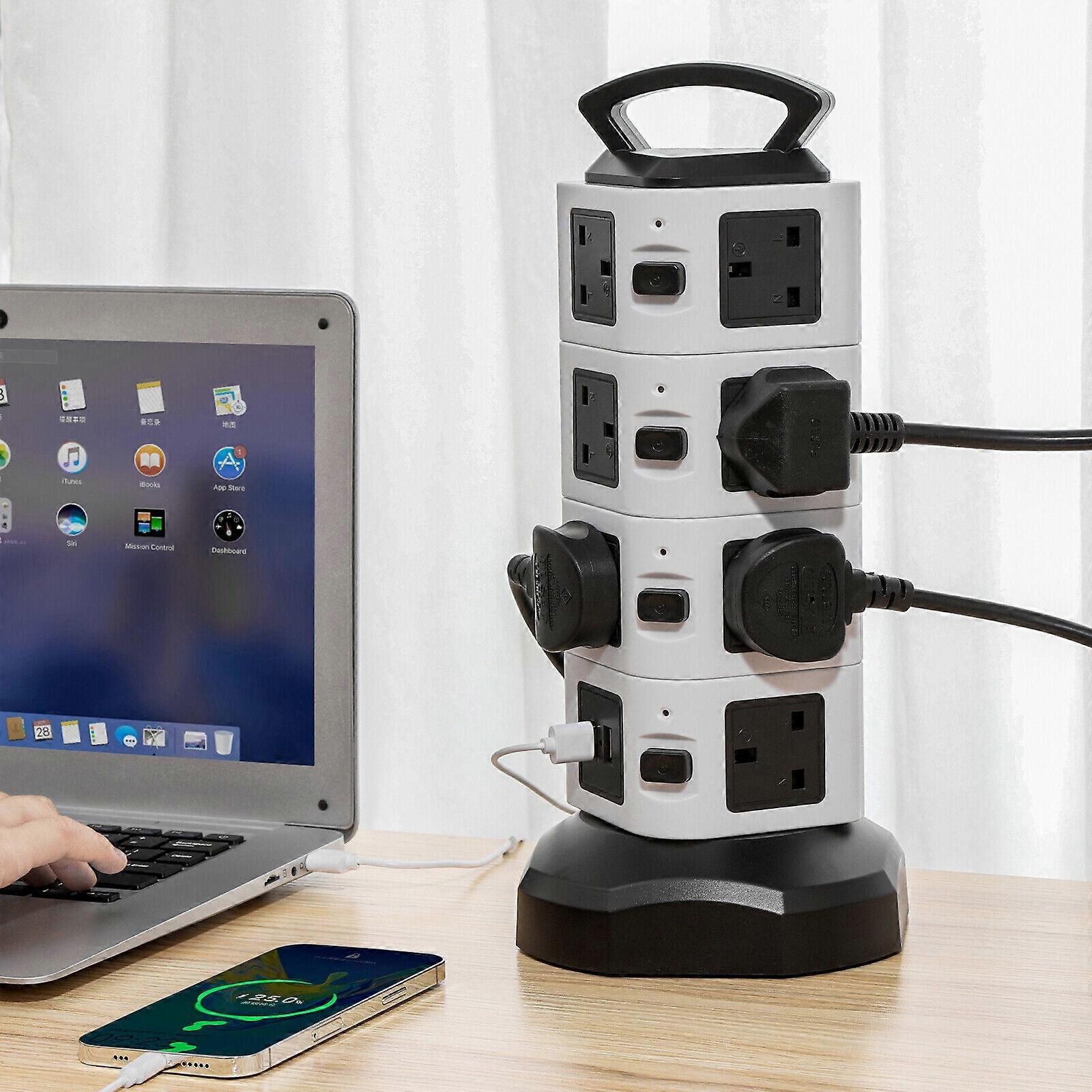 Power Strip Tower, Universal Charging Station with Surge Protector, Heavy Duty Extension Cord, Fireproof ABS Material for Desktop Organization