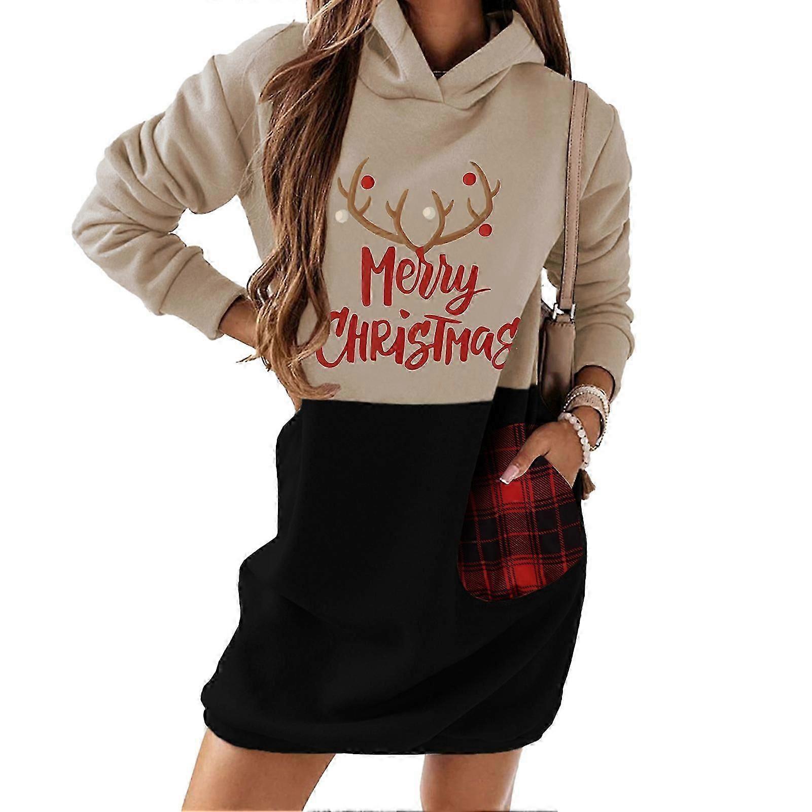 هوديس فستان كريسماس طباعة كتلة الألوان مع جيب جانبي كم طويل فضفاض عارضة ياقة مستديرة هوديي اللباس