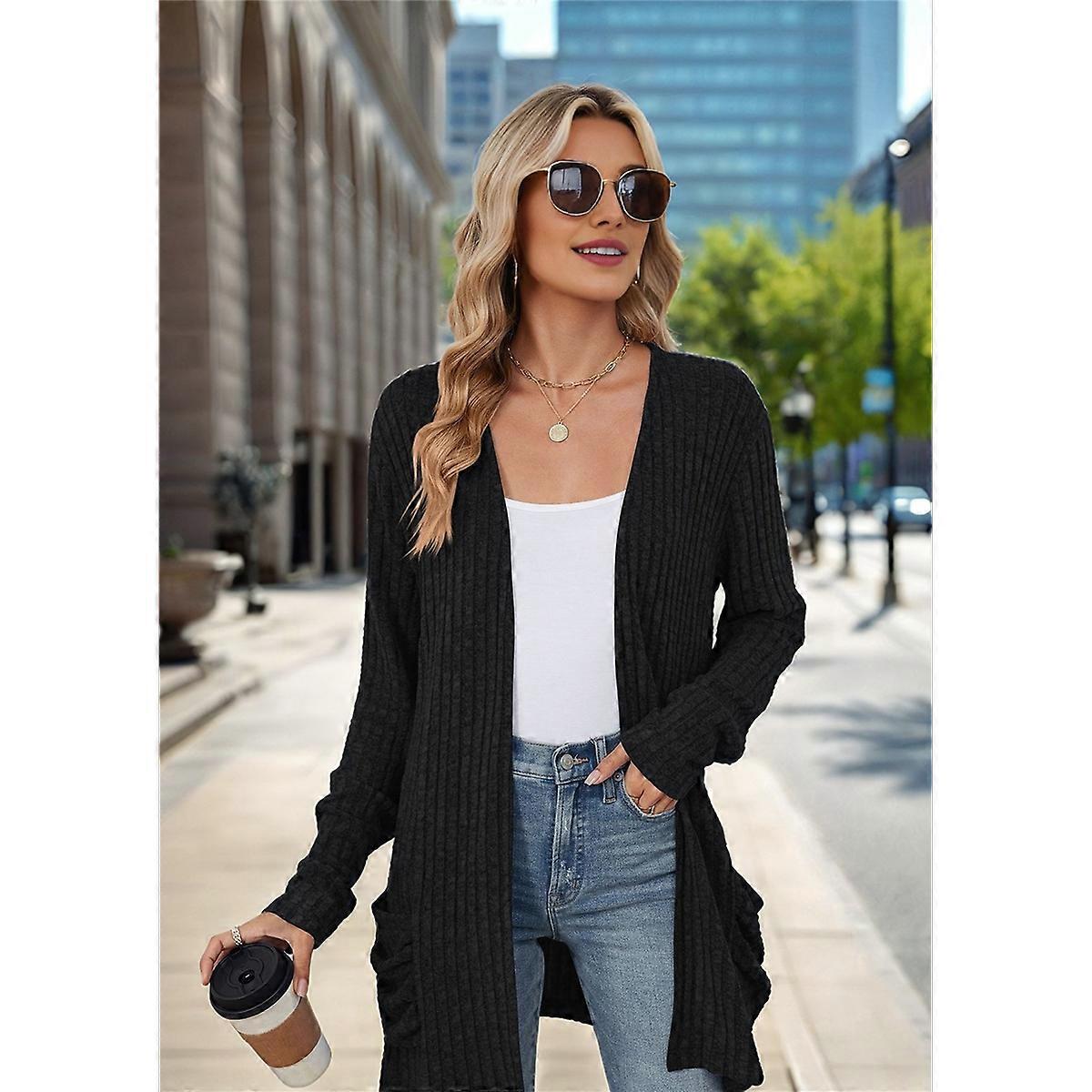 Long-Sleeved Knitted Cardigan Black L