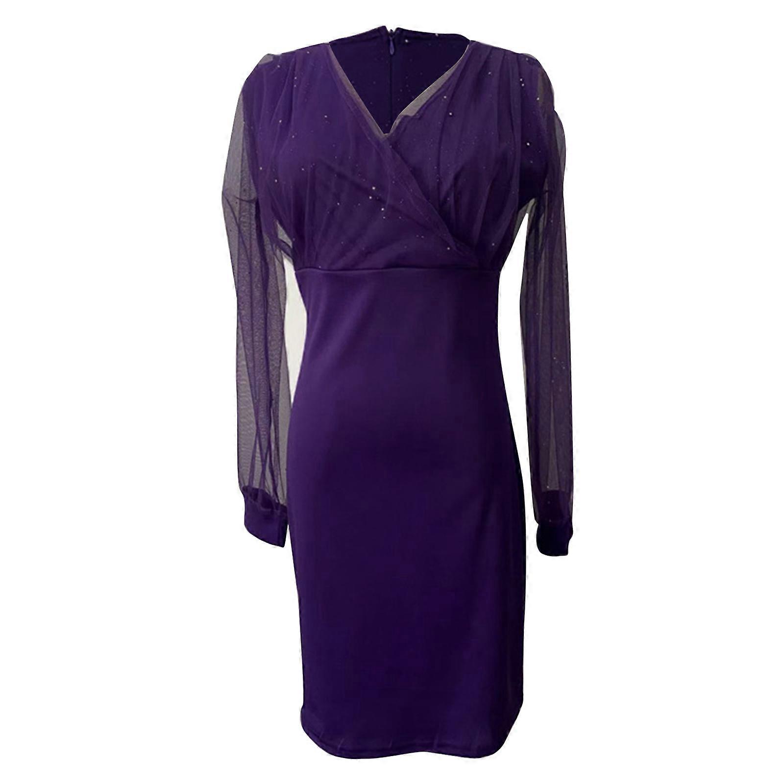 Women Mesh Puff Long Sleeve Cocktail Party Short Dress Sparkly Sequins Sexy  Wrap V-Neck High Waist Bodycon Pencil Dress Purple M | Fruugo UK
