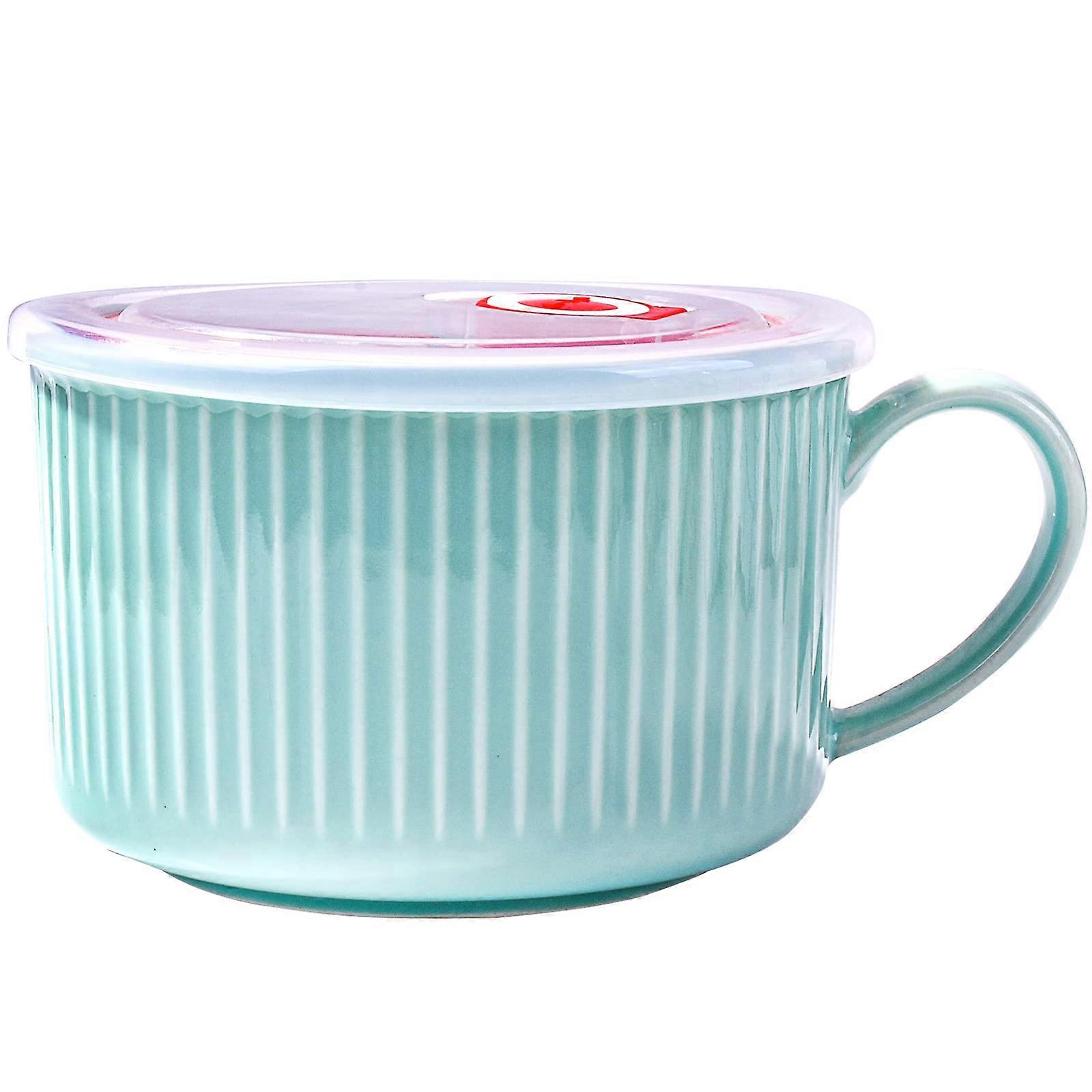 Soup Mug with Lid 30.4 OZ Ceramic Noodle Bowl with Handle for Microwave - Blue Cereal and Salad Bowl for Pho, Chips, Fruits