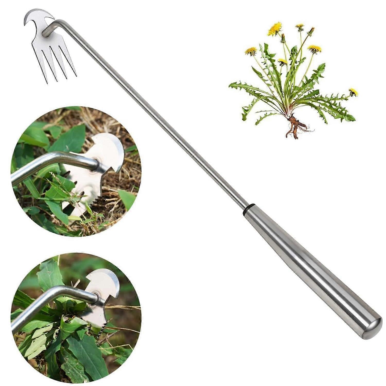 Weed Puller Tool Garden Weed Pulling Stainless Tool, Steel Weeder 4 Teeth