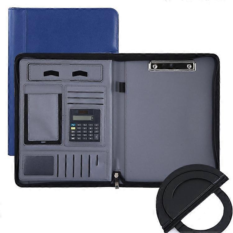 KC601 A4 Multifunctional Portable Folder Business Zipper Bag Leather Folder, Style: No Chargeable With Calculator No Memo Pad (Dark Blue)