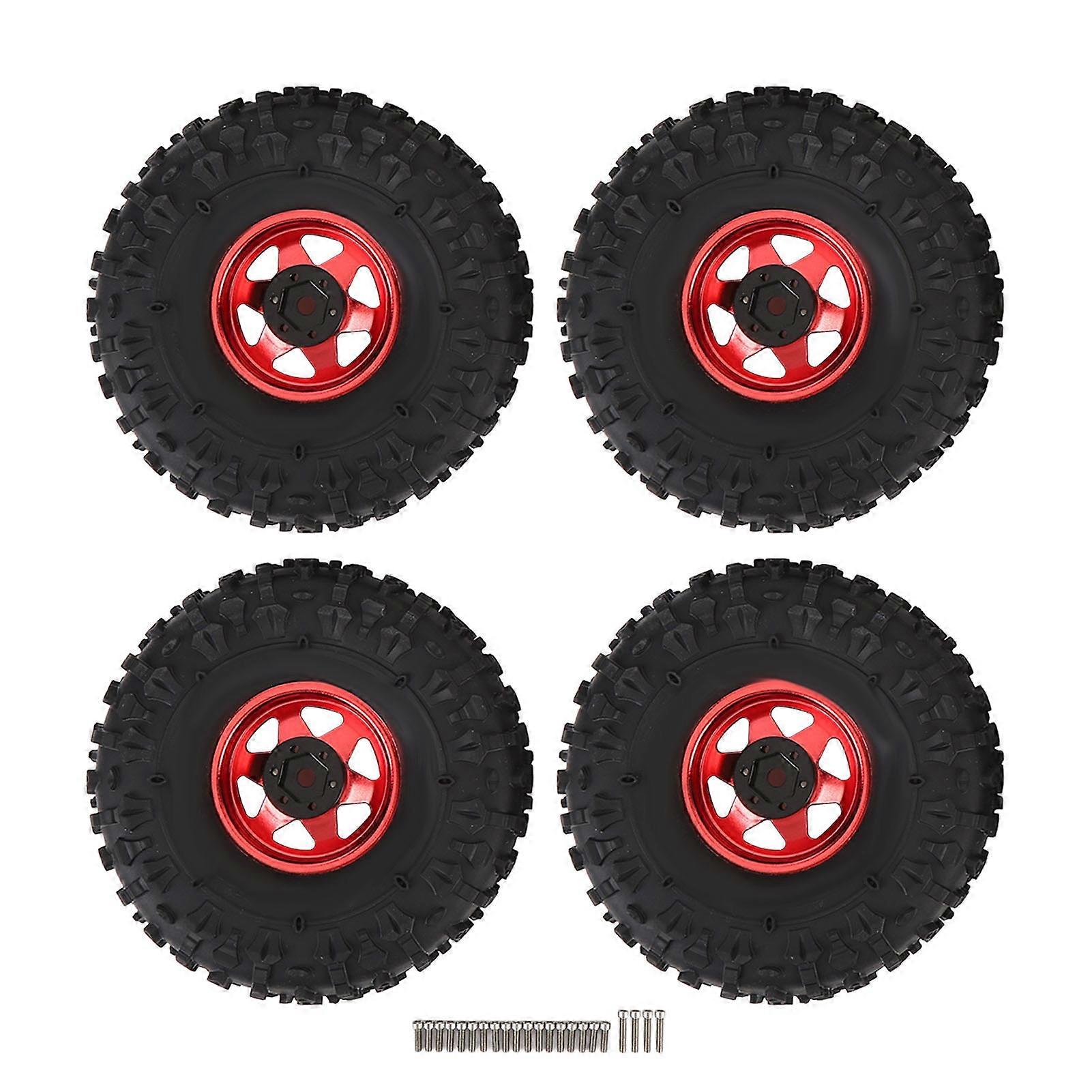 4PCS RC Crawler Tire Set 1.9 Inch Rubber Universal RC Tire with Metal Deep Groove Hex Hub Wheel Rims for Redcat for Axial SCX10 Red