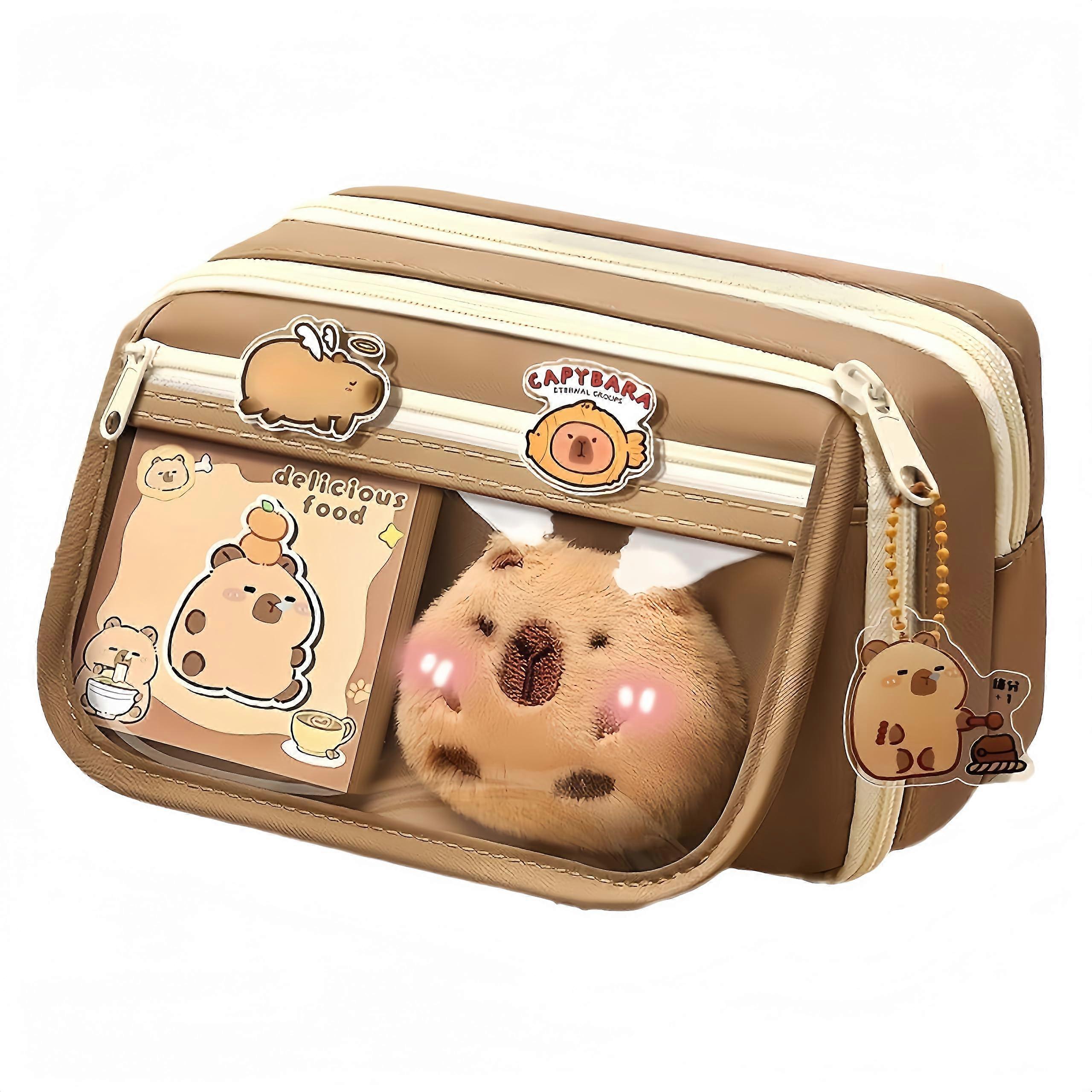 Kawaii Capybara Makeup Bag Kit, Plush Doll20 Stickers2 BroochesSticky NotesPendant, 9Layer LargeCapacity Pencil Case (Brown)