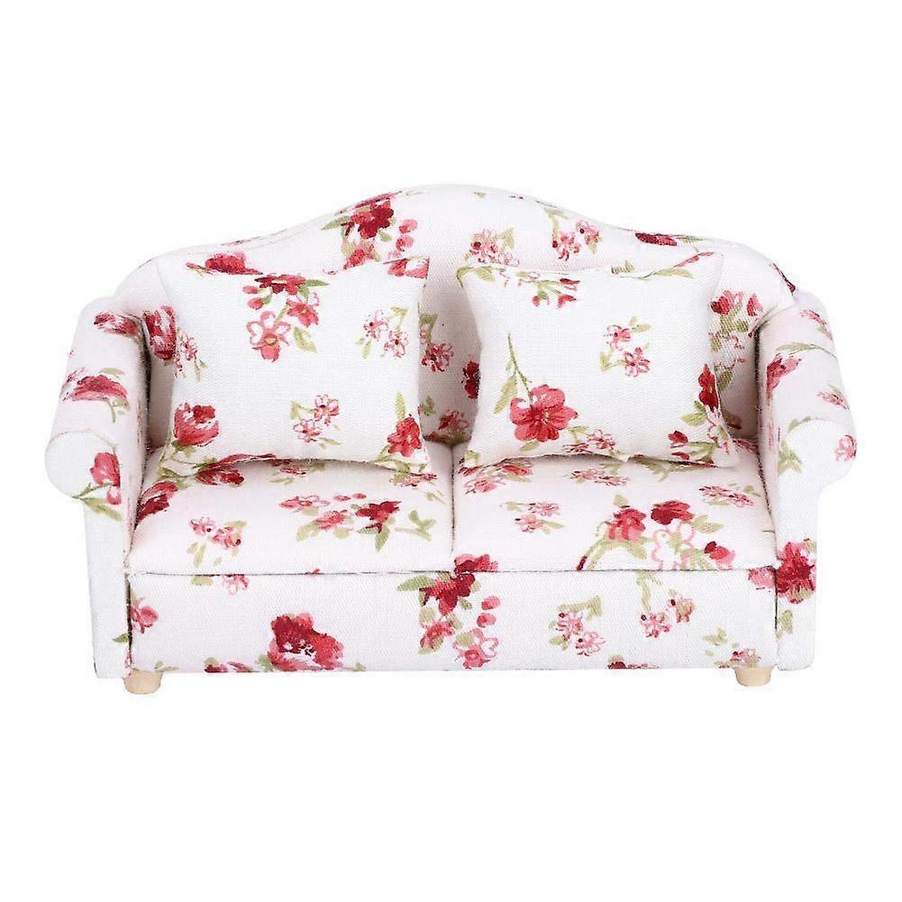 Mini Dollhouse Sofa, 1/12 Scale Dolls House Furniture Couch Flower Pattern Mini Furniture Sofa Set with Back Cushions(1)