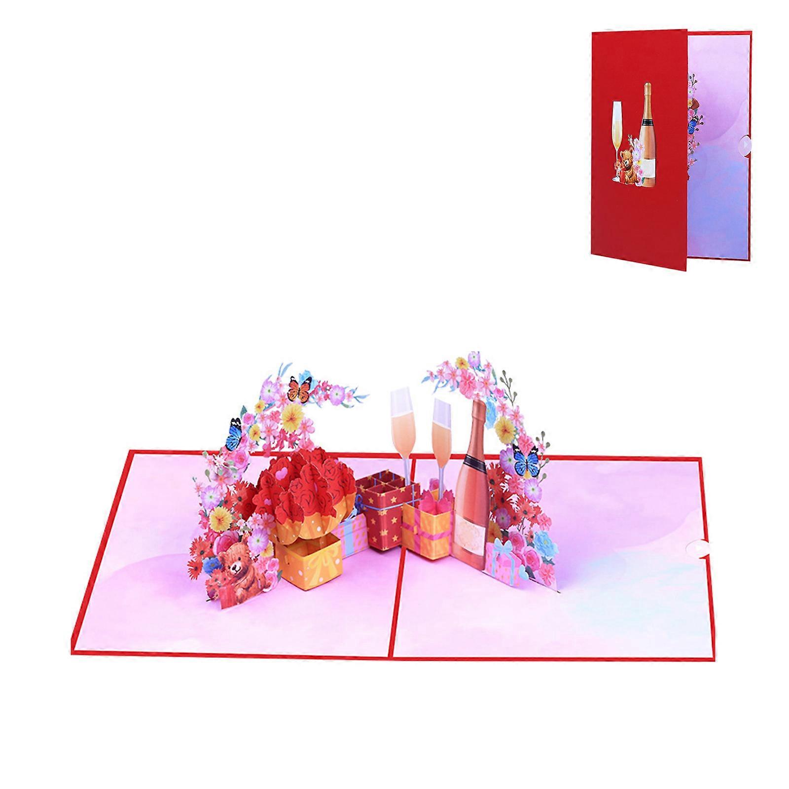 3D Popup Blessing Card with Wine Glass and Flowers Handmade Greeting Card with Envelope Foldable Invitation Card