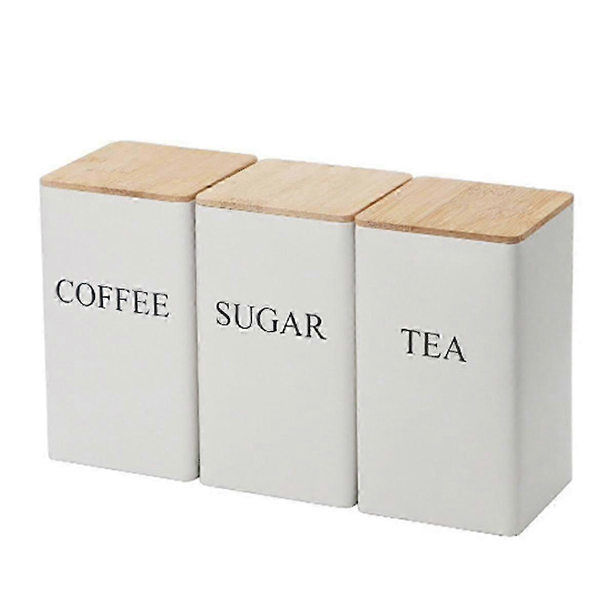 3 قطع ثلاث قطع علب مختومة نمط بسيط الخيزران غطاء الحديد الشاي يمكن تخزين وجبة خفيفة القهوة الفول مربع يمكن، أبيض