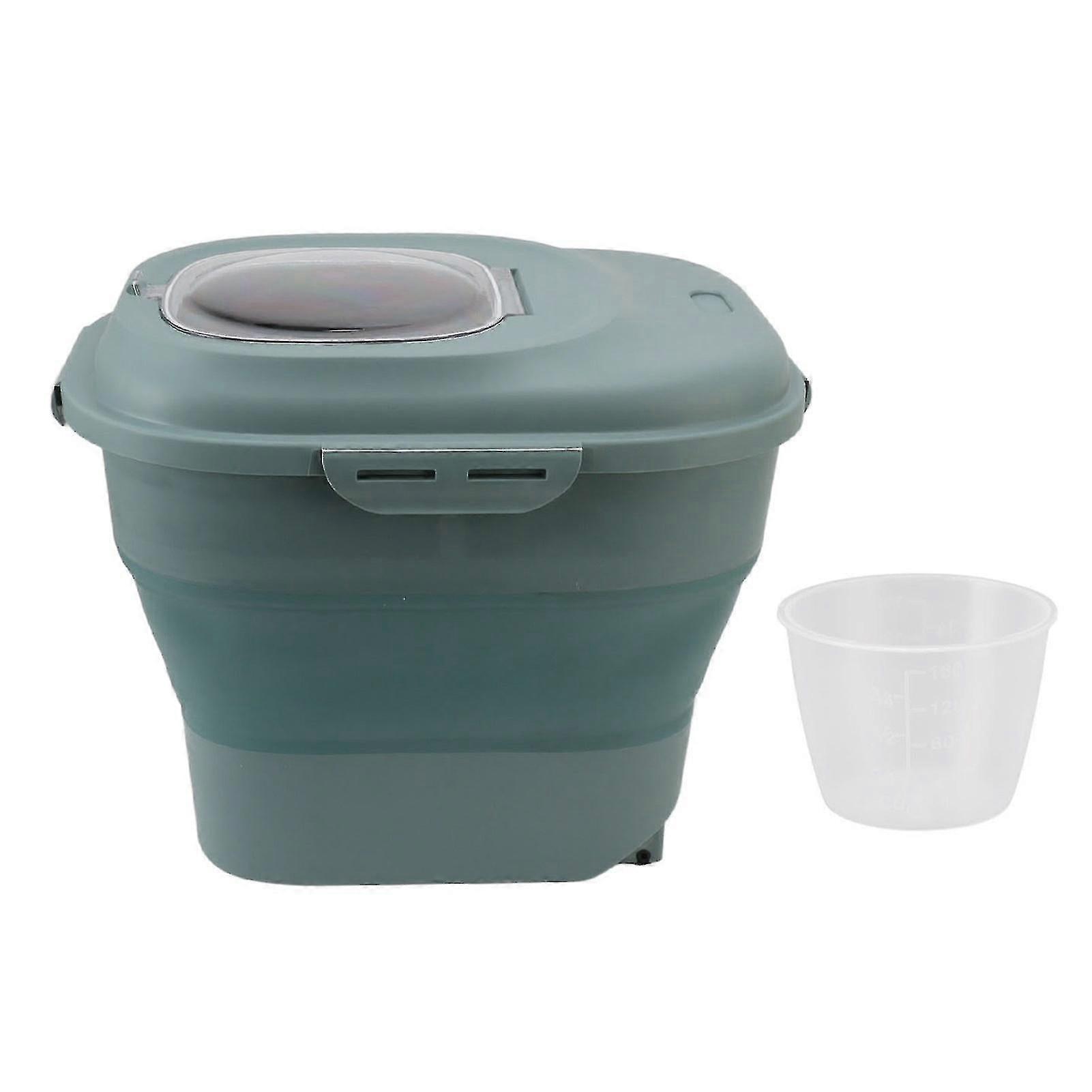 Rice Food Storage Container Large Collapsible Food Storage Container With Measuring Cup Rolling Wheel Green
