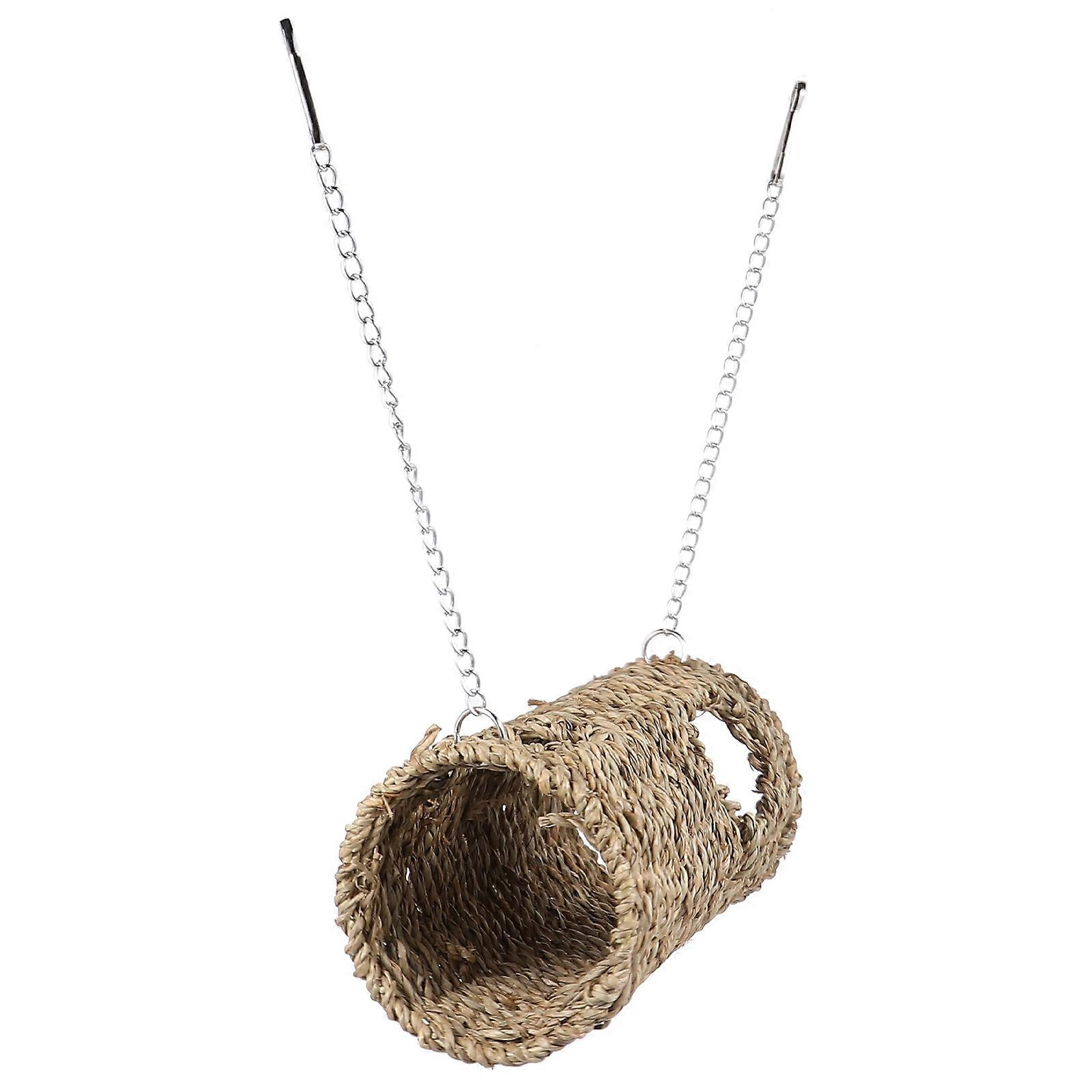 Hamster Tunnel House with Hanging Chains, Creative Straw Nest Habitat for Hamsters, Gerbils, Rats and Hedgehogs, Durable Cozy Playhouse
