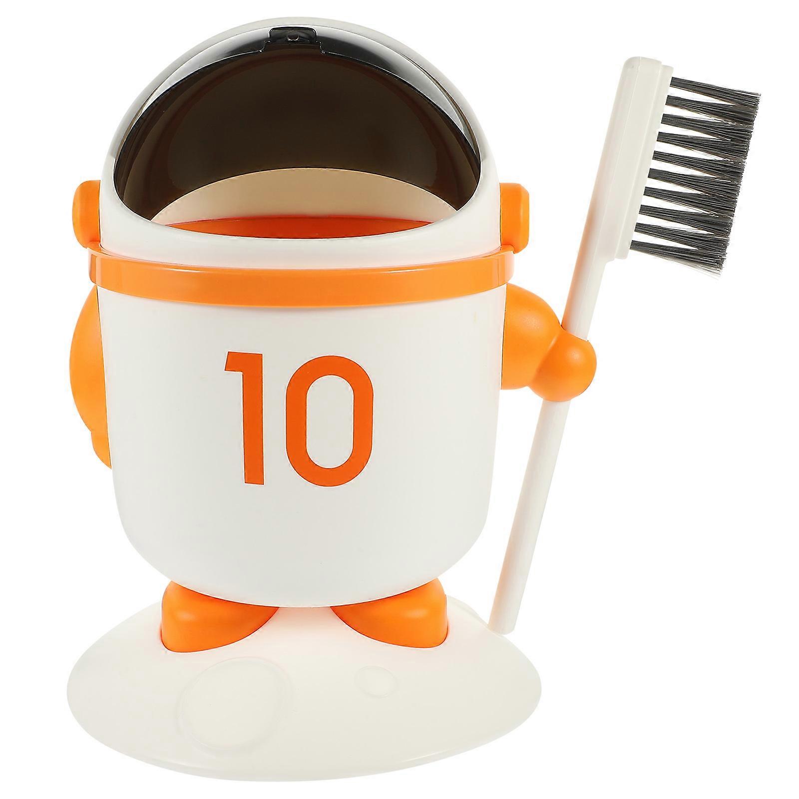 Cute Orange Astronaut Desktop Trash Can with Lid and Brush, Space Themed Waste Bin for Tabletop Storage, Compact Garbage Container for Food Waste and