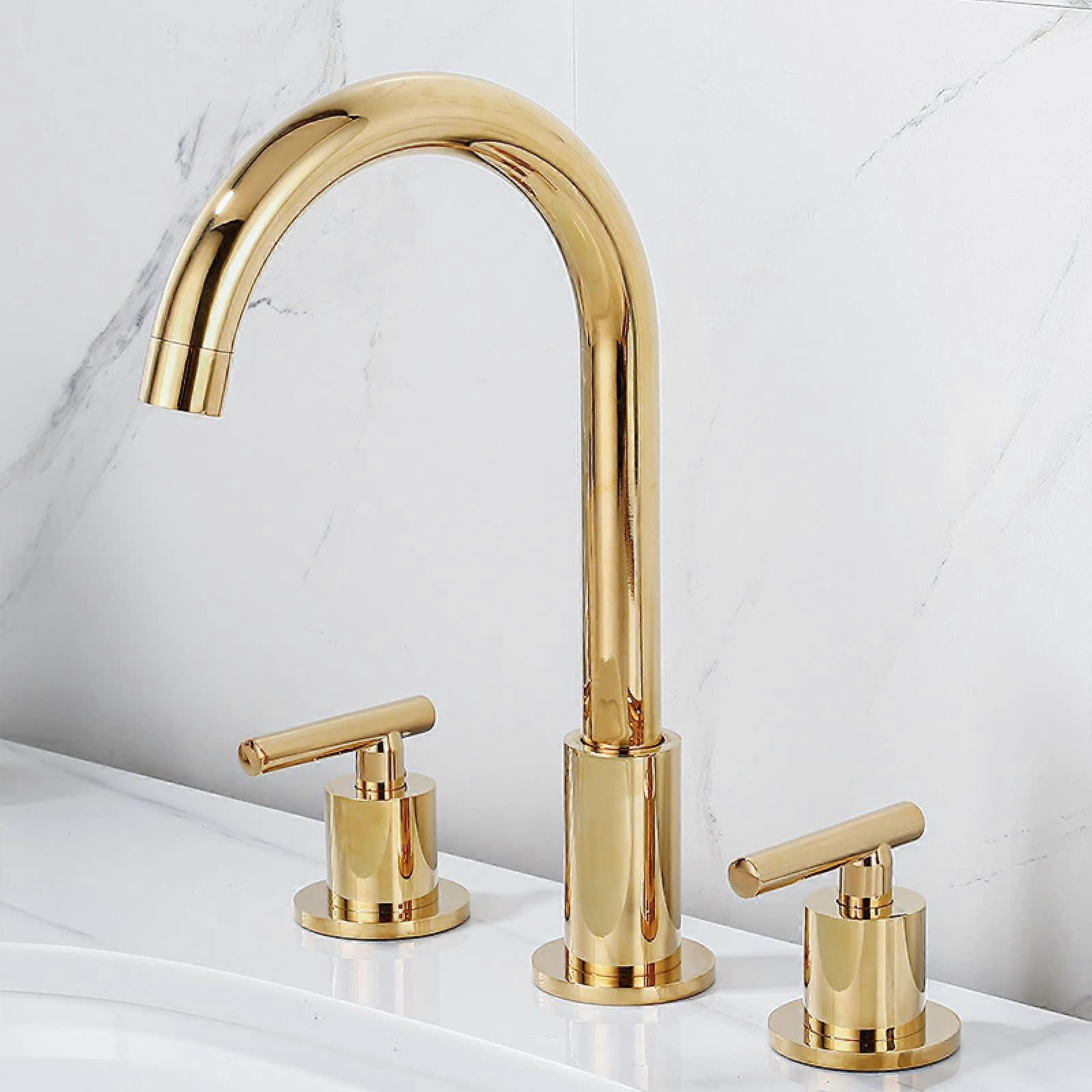 Bathroom Tap 3-Hole Basin Mixer, Brass Gold Finish, Double Handle, Durable For 3-Hole Basins