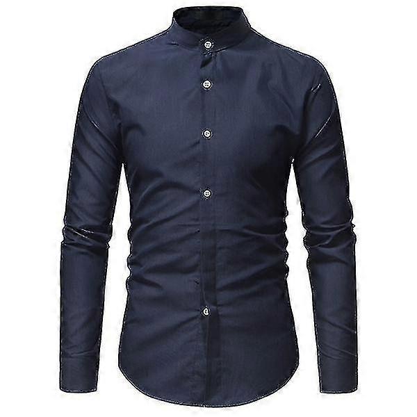 Men's Business Shirts, Slim-fit Design with Stand-up Collar, Formal Attire in Dark Blue Color - Size 2XL by Suitable for Various Brands
