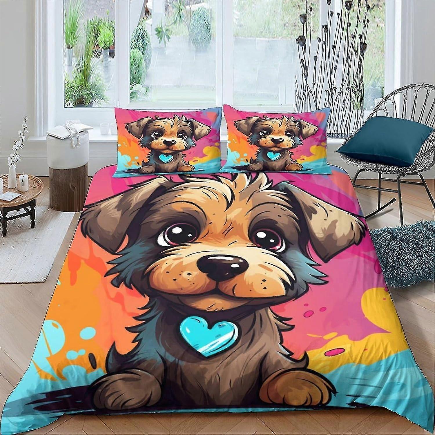 Conjunto de Cama de 3 Peças para Crianças e Adolescentes - Capa de Edredom para Cães Estilo Anime com Fecho de Zíper e Microfibra Macia