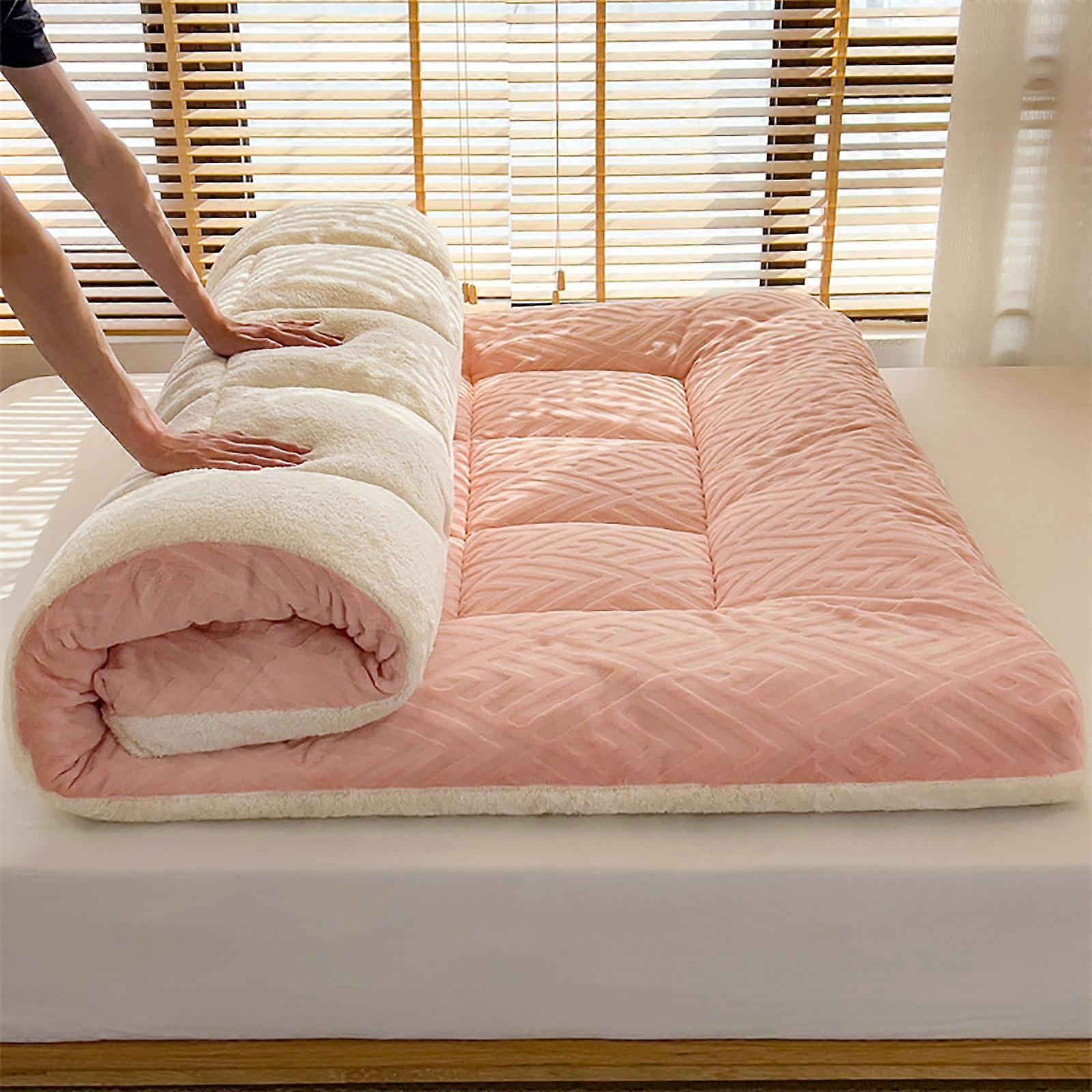 Fullsize futon mattress pad, breathable, super soft, shaggy, rollable, portable, foldable, floor mattress for dormitory 150*200cm/59*79*2IN Rose
