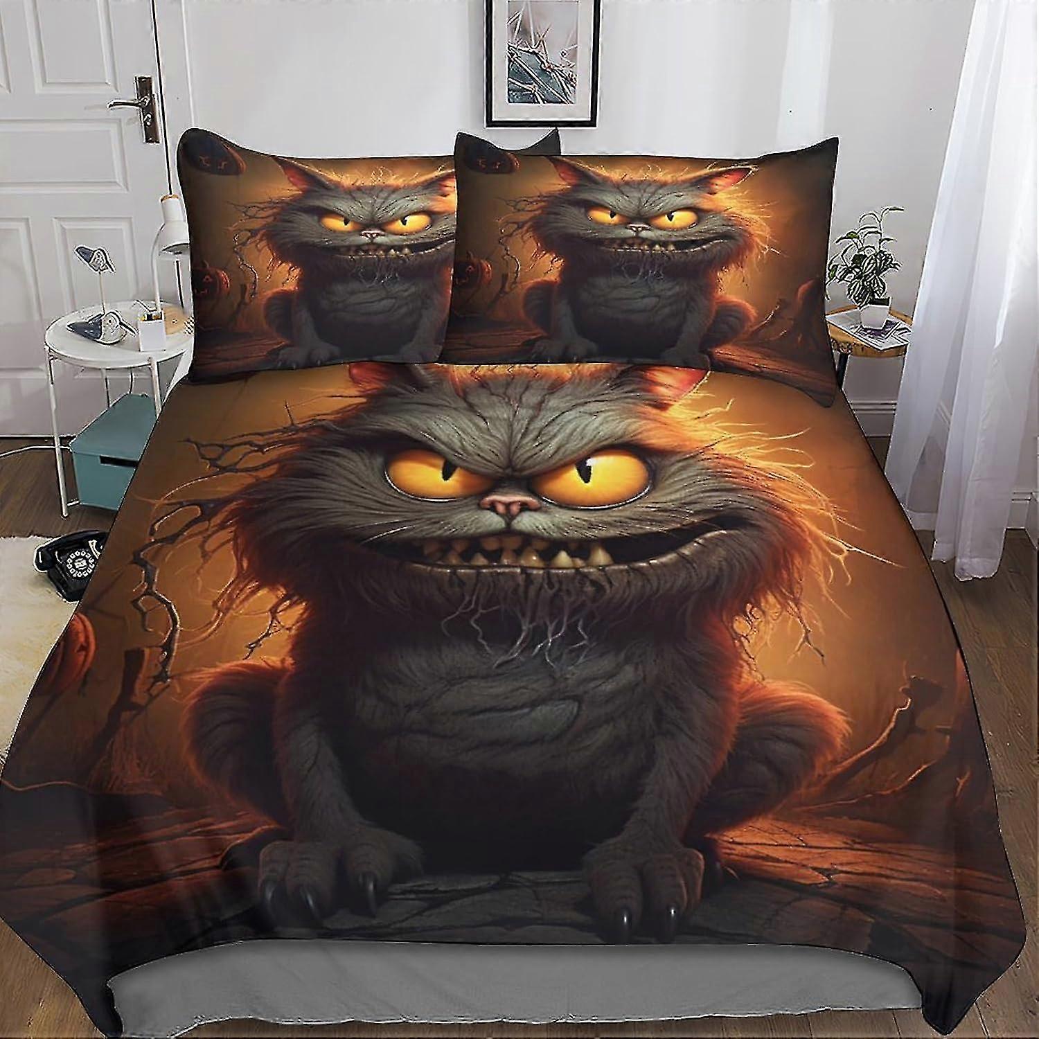 3 Piece Halloween Black Cat Comforter Set with 3D AI Animation Print, Soft Microfibre Bedding Set with Zip Closure for Girls