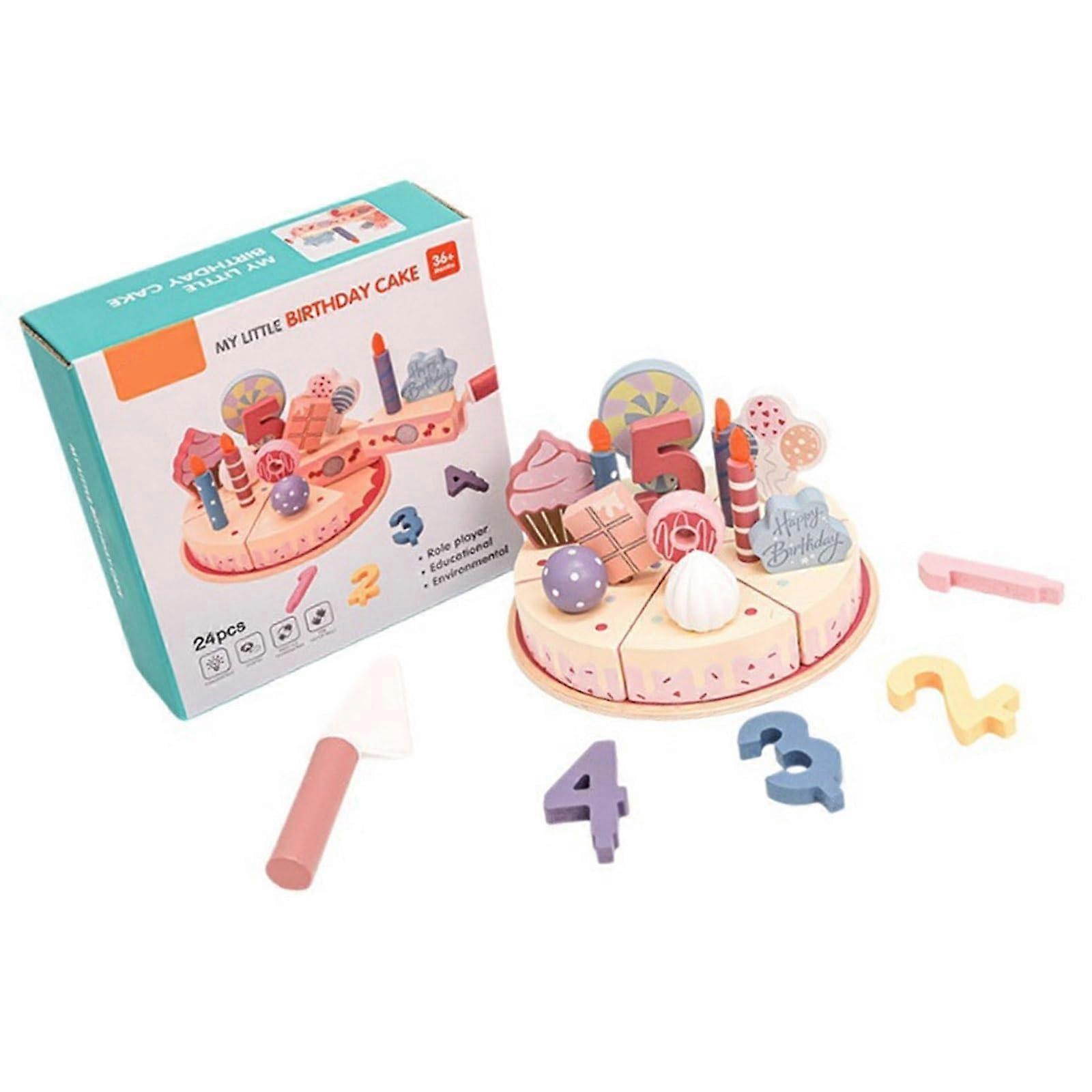Wooden Cutting Play Birthday Cake Toy Set with Removable Slices for Toddlers