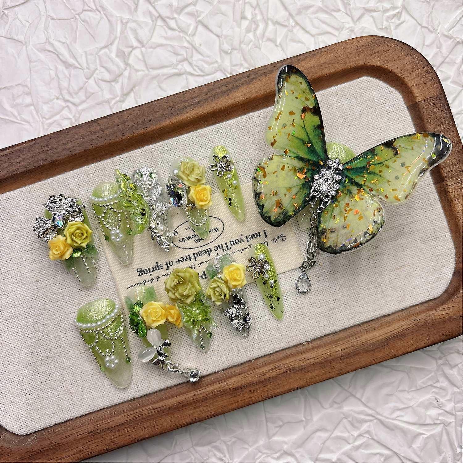 Green Floral Press on Nails Handmade 3D Carved False Nails