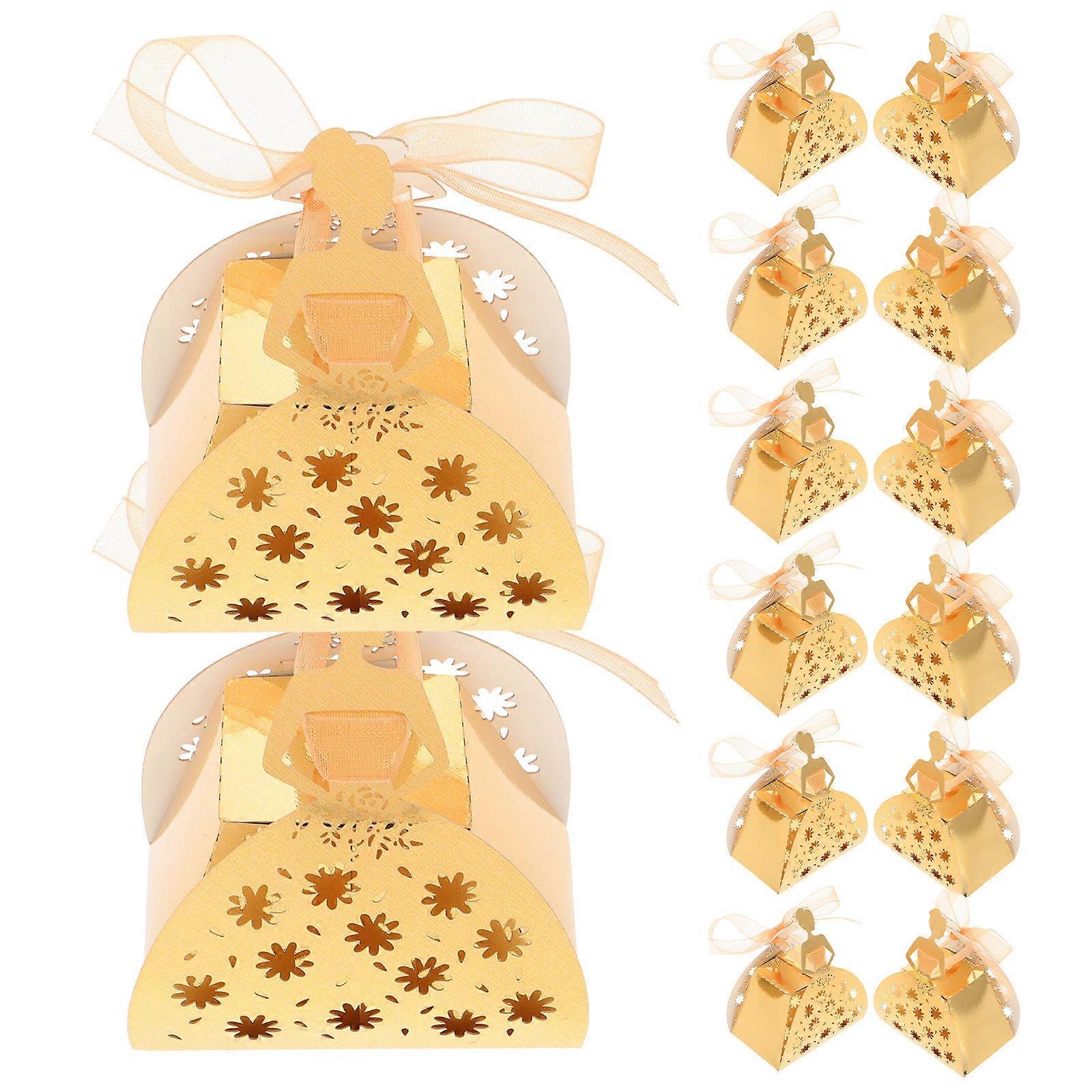 Chinese Wedding Candy Box Elegant Rectangular Golden Paper Holding Chocolates 50Pcs
