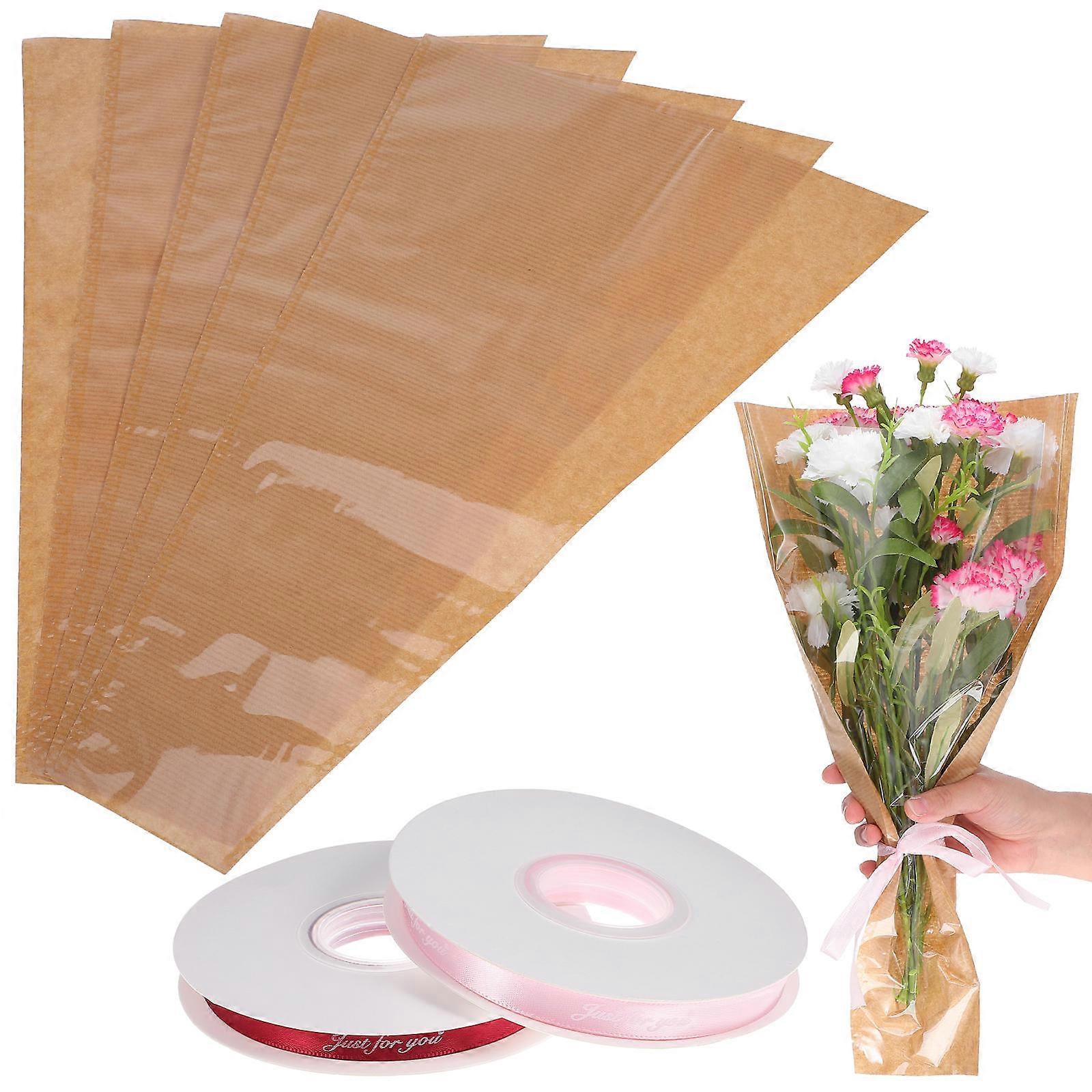 Kraft Paper Flower Bags for Florist Use with Clear Front 1Set Flower Wrapping