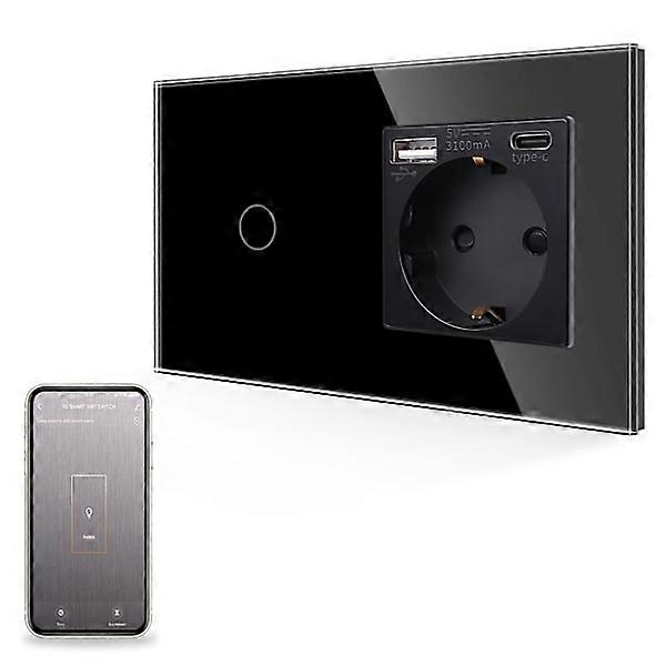 Black Smart Wi-Fi Touch Switch with USB Socket in Glass, Quick Charge, Zero Wire, Glass Window, 1 Sp