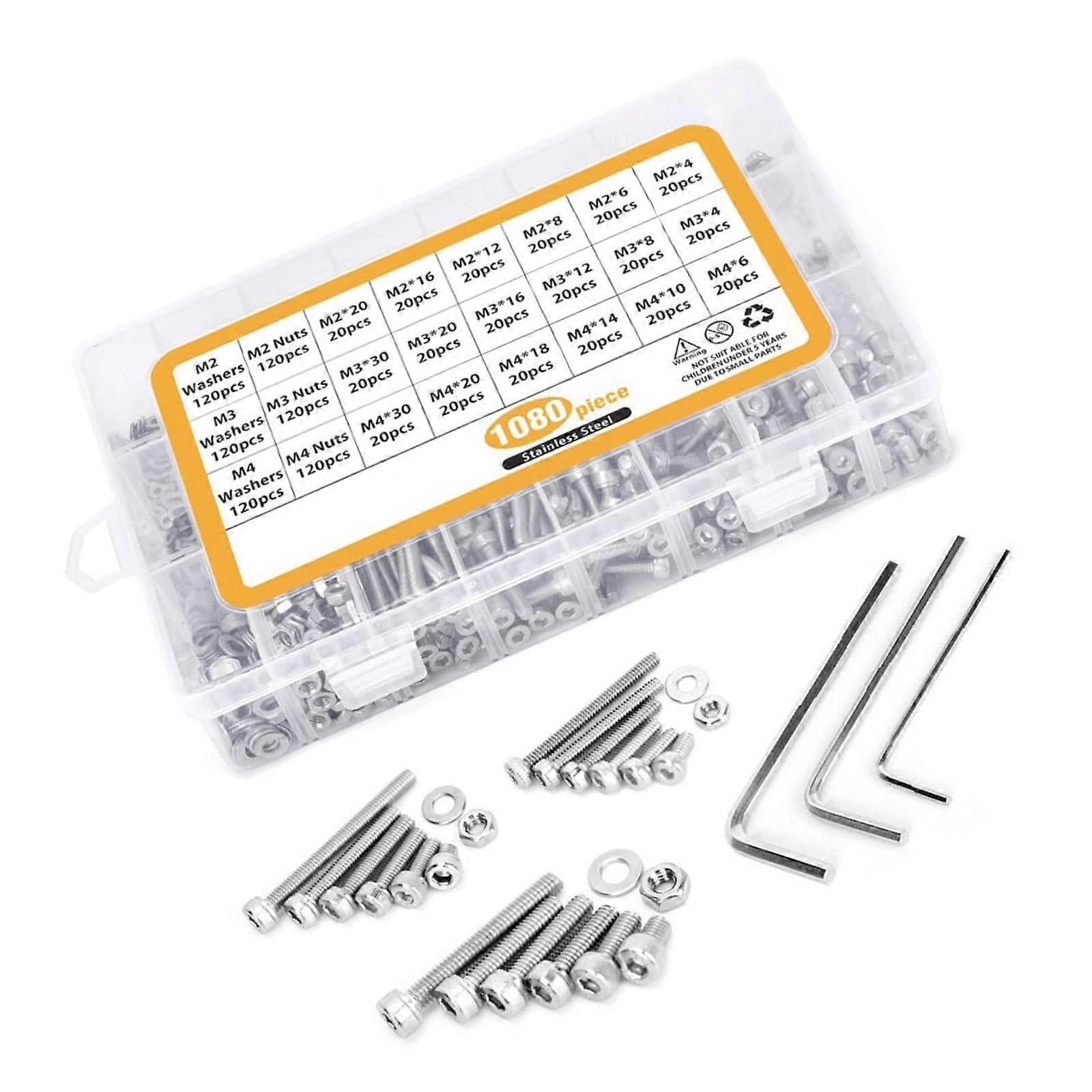 Professional 1080piece set with hex socket screws and nuts, multipurpose hex key wrenches, nut washers