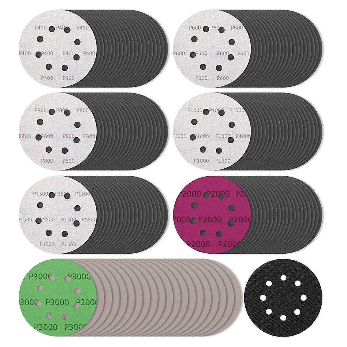 140Pcs 5 Inch Wet Dry Sanding Discs, Hook and Loop Sandpaper 8 Holes
