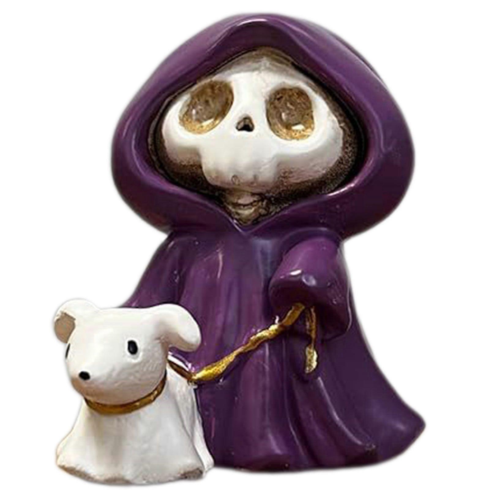 Skull Grim Reaper Statue, Halloween Walking Dog Ghost Statue, Cute Halloween Tabletop Figurines Ornament
