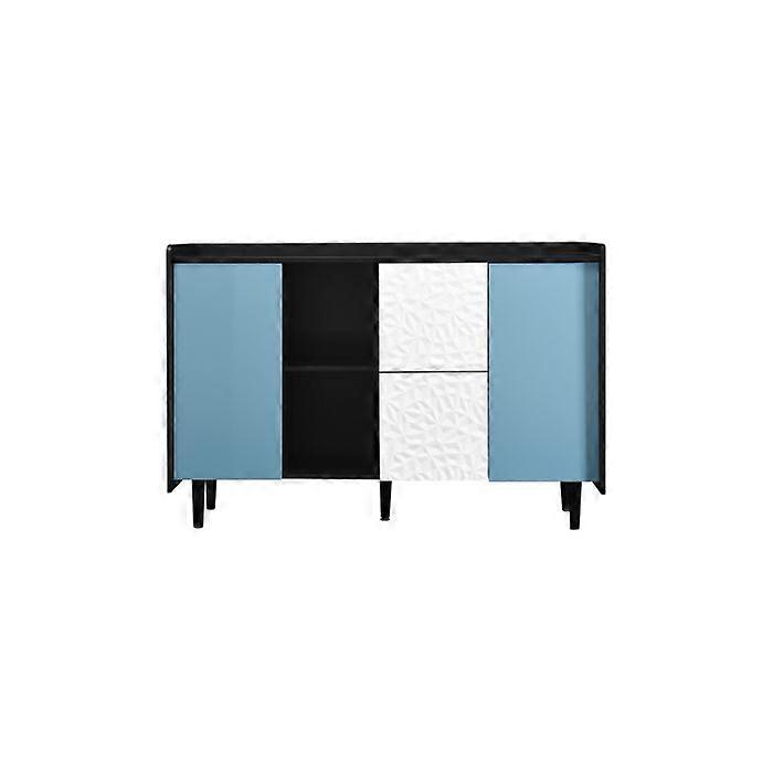 Black storage cabinet with blue doors, featuring two uniquely styled drawers and two open storage compartments.