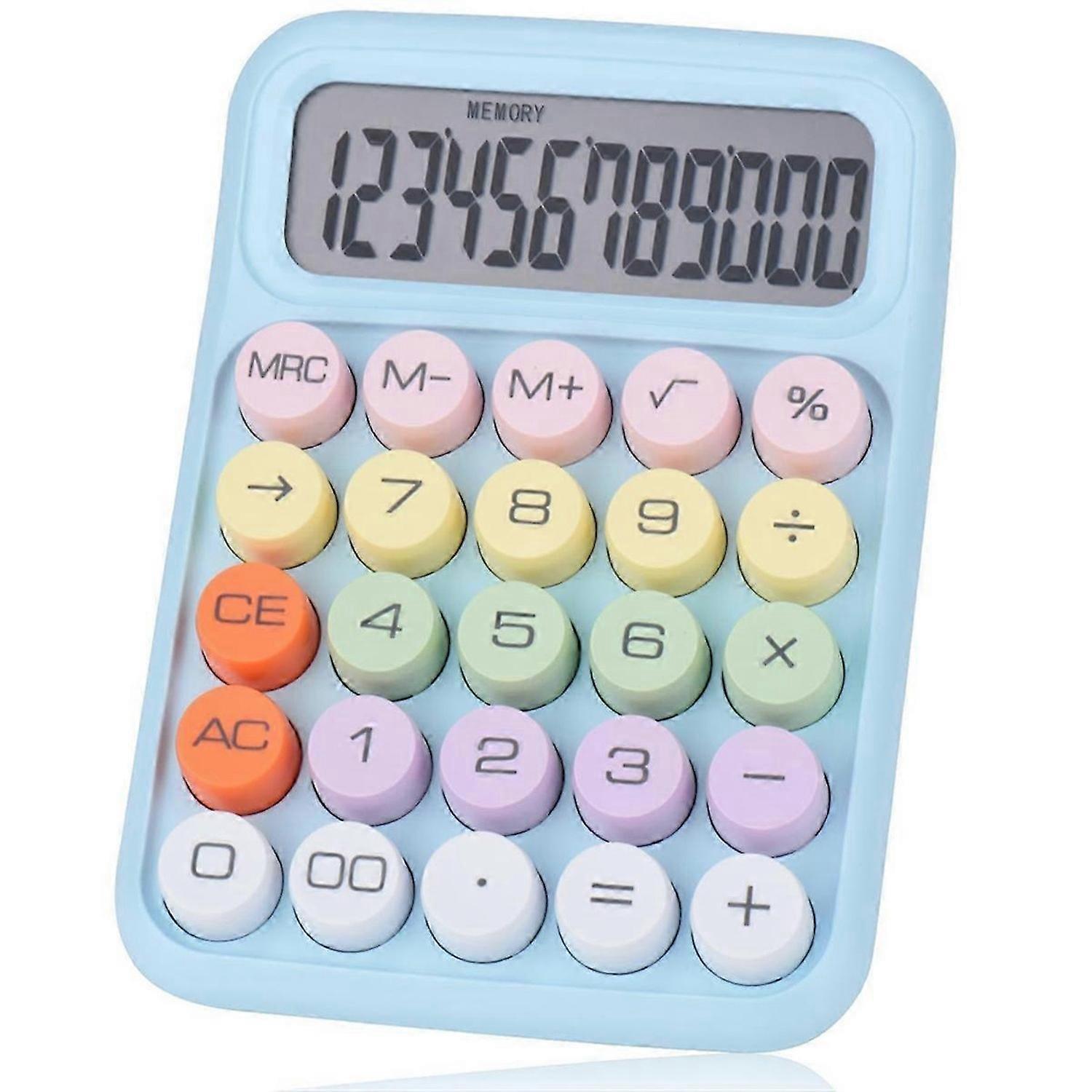 Mechanical Pushbutton Calculator, 12 Digit LCD Display, Blue