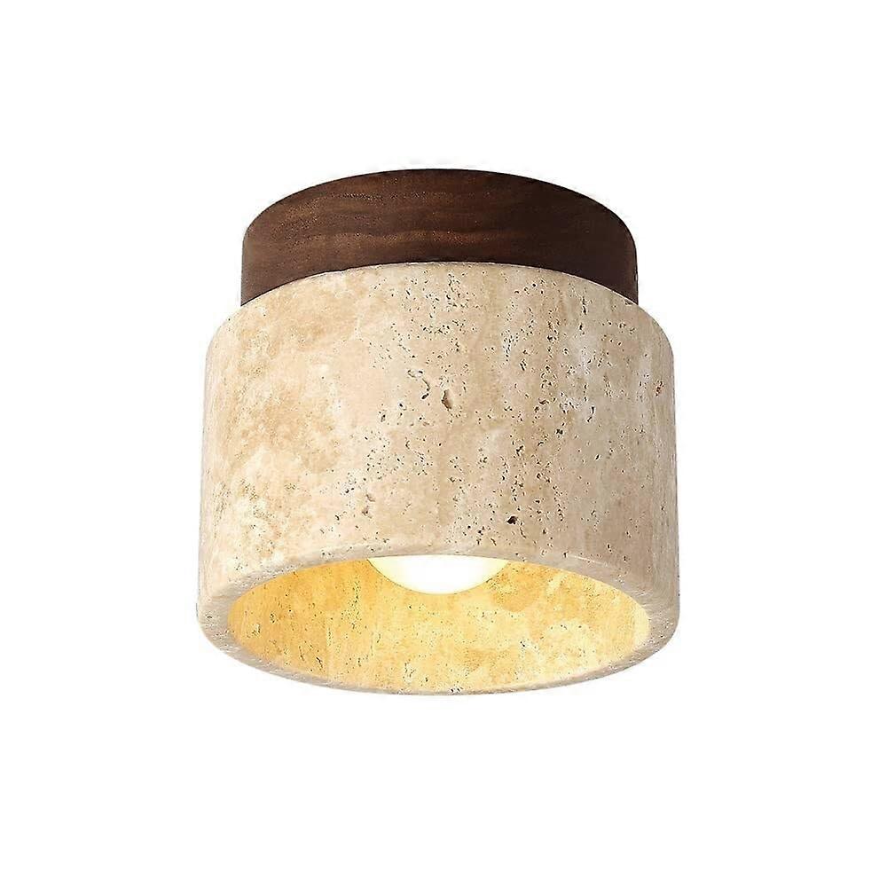 Rustic Marble Semi Recessed Ceiling Light Fixture, Retro Wooden Flush Mount Lamp for Hallway, Balcony, Staircase, Loft