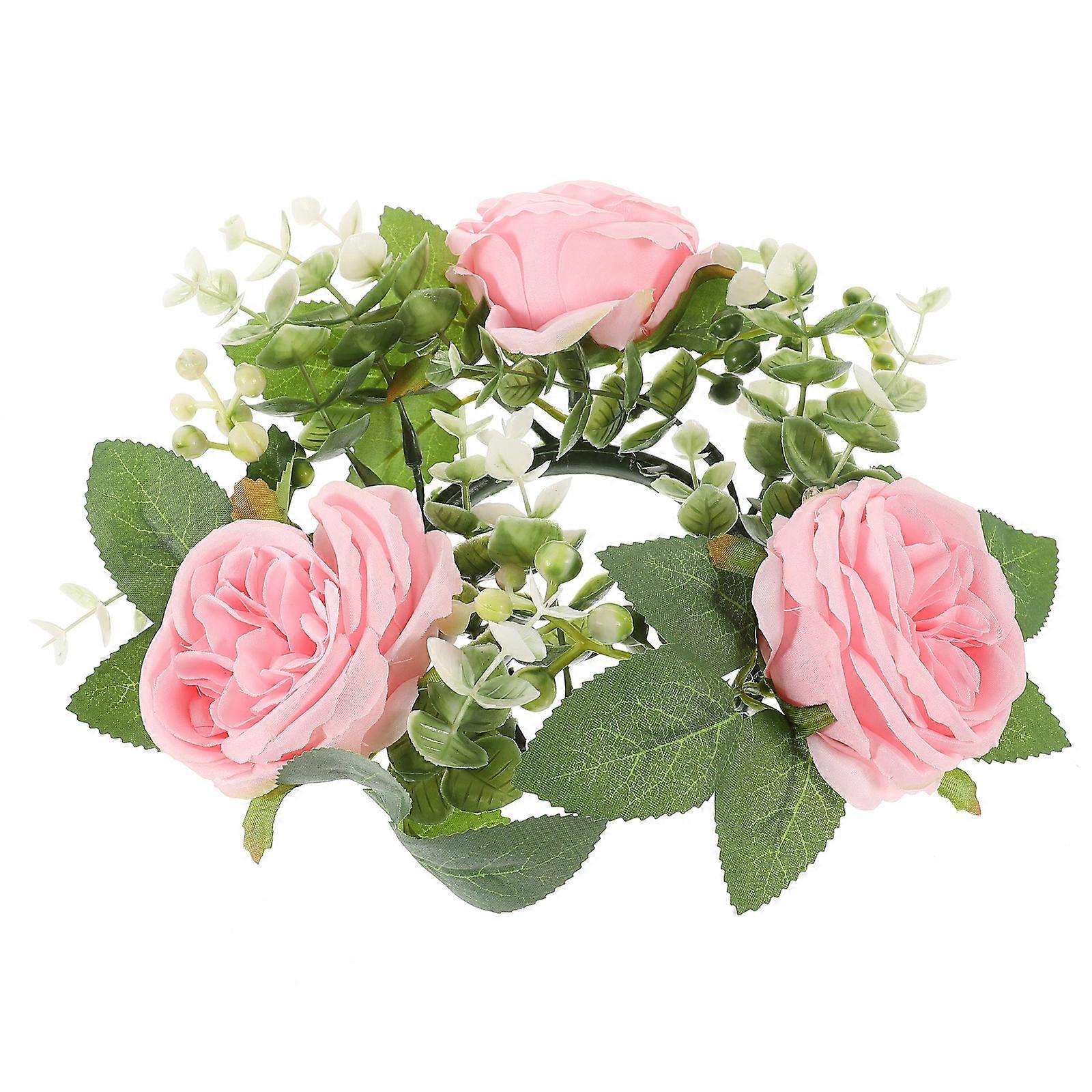 Pink Artificial Rose Candle Ring for Wedding Table 5Pcs Silk Flower