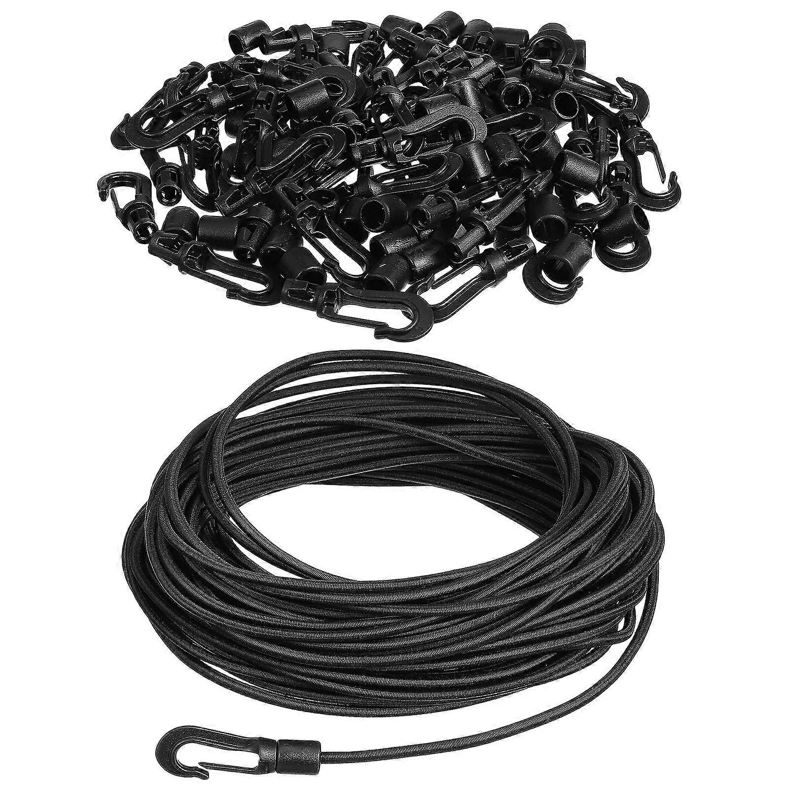 Black Nylon Drawstring Bungee Cord for Tent with Hook Set 50 Pieces
