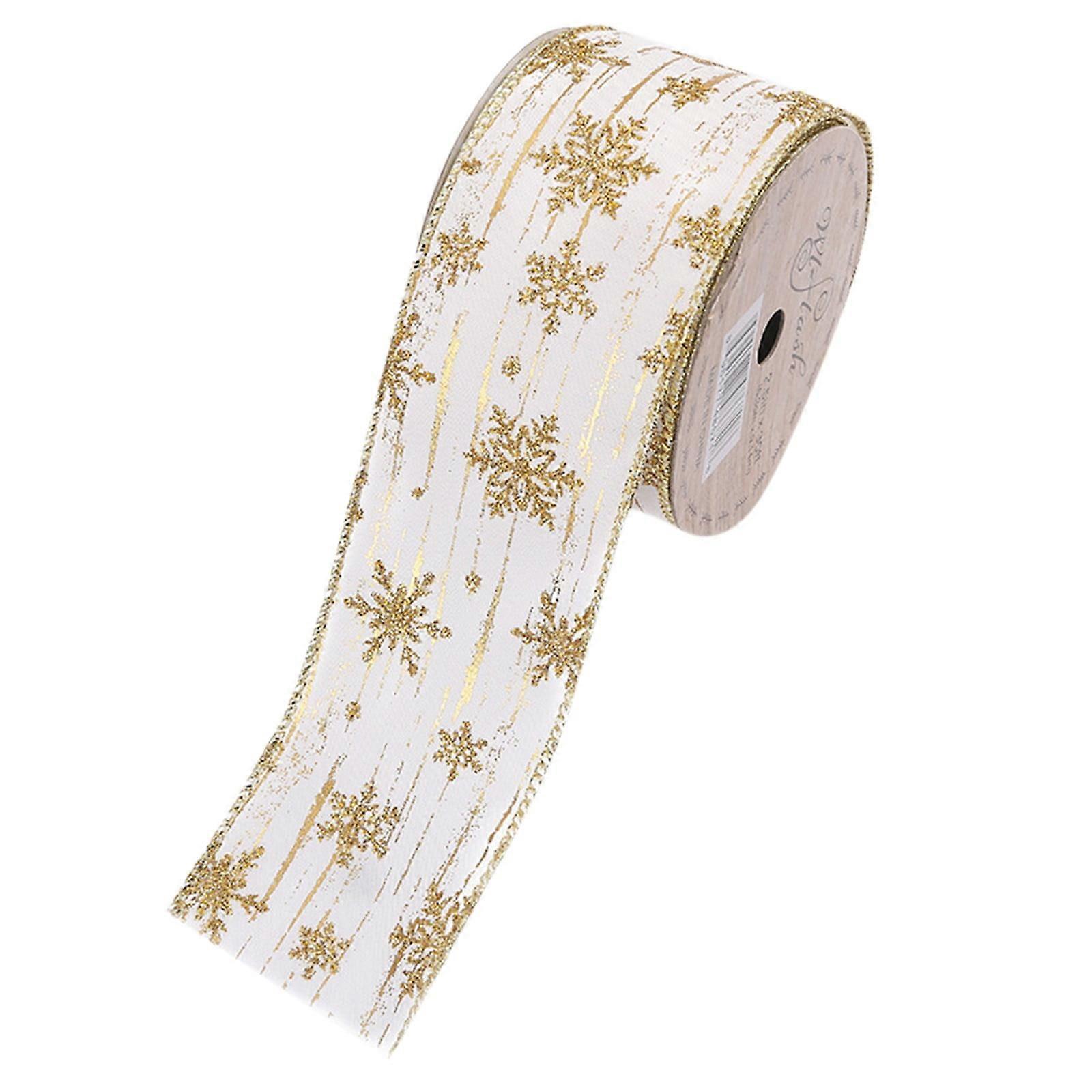 Patterned Snowflake Satin Ribbon with Gold Glitter Edge, Ivory Wired for Christmas Tree Decor, Compatible with Yubnlvae