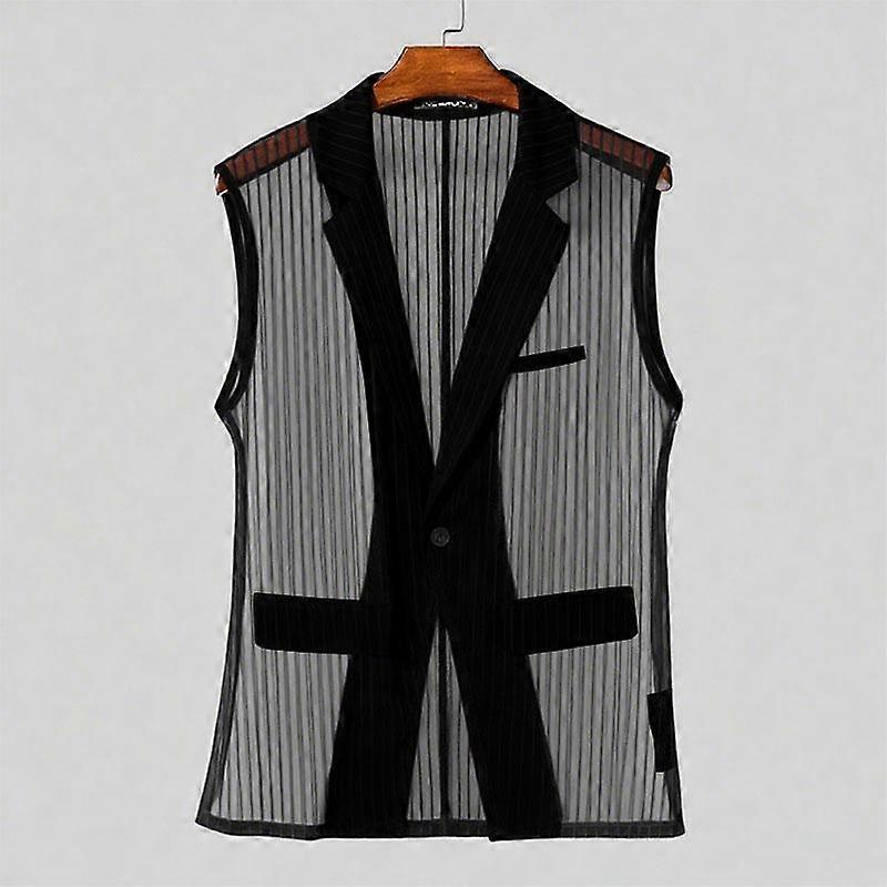 INCERUN Men Lapel Sleeveless Stitching One Button Striped See Through Waistcoats