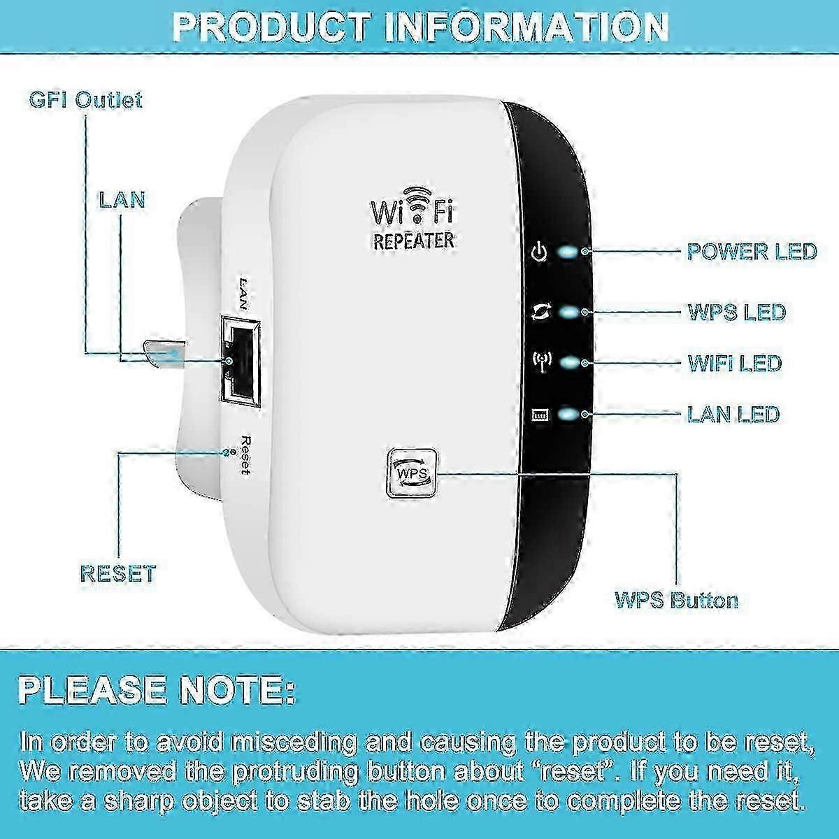 WiFi-forsterker for hjemmet med Ethernet-port, dekker 3650 kvm, 45 enheter