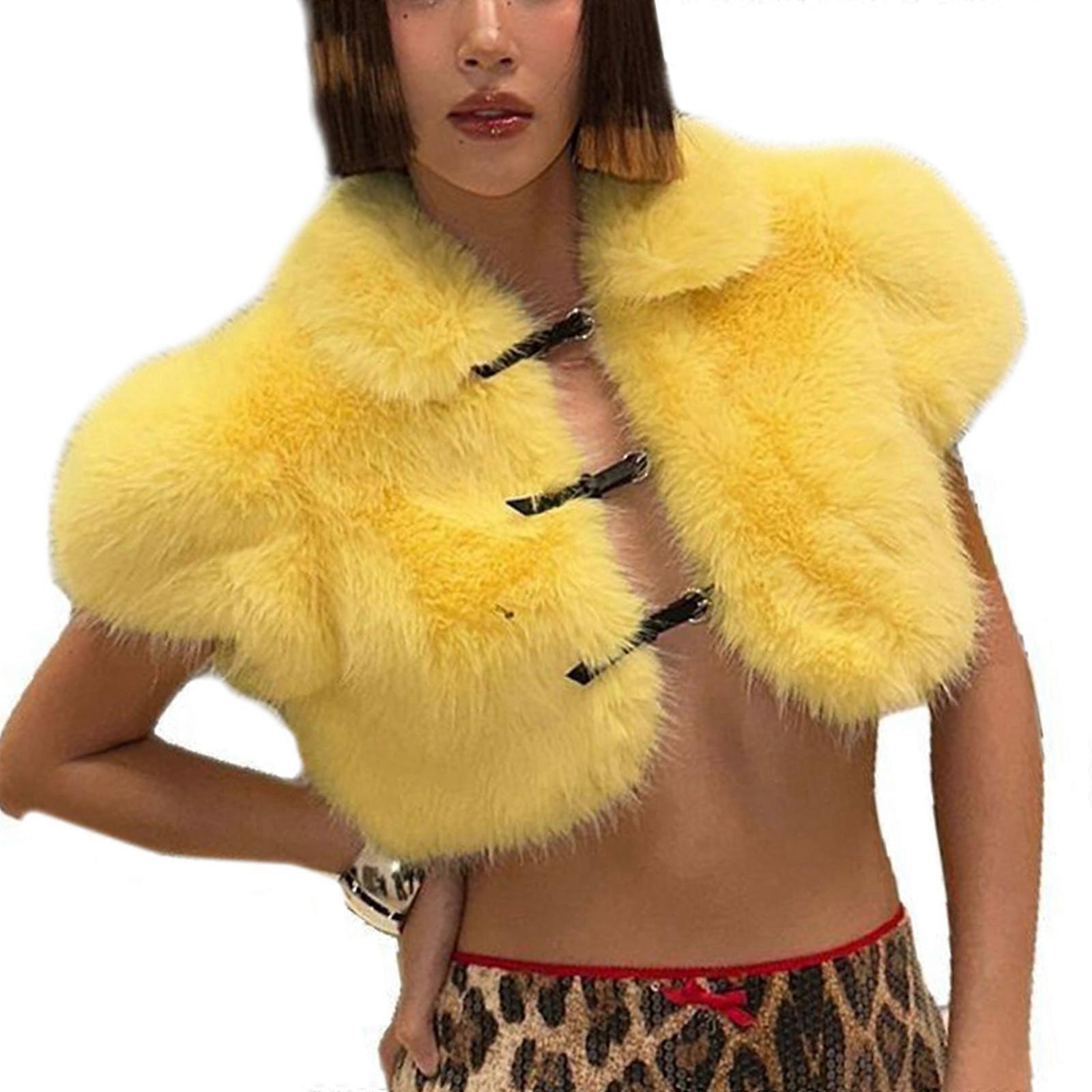 Animal Friendly Short Sleeveless Vest Premium Artificial Furs Capelet Windproof Comfortable Winter Fashion Accessory  Yellow S