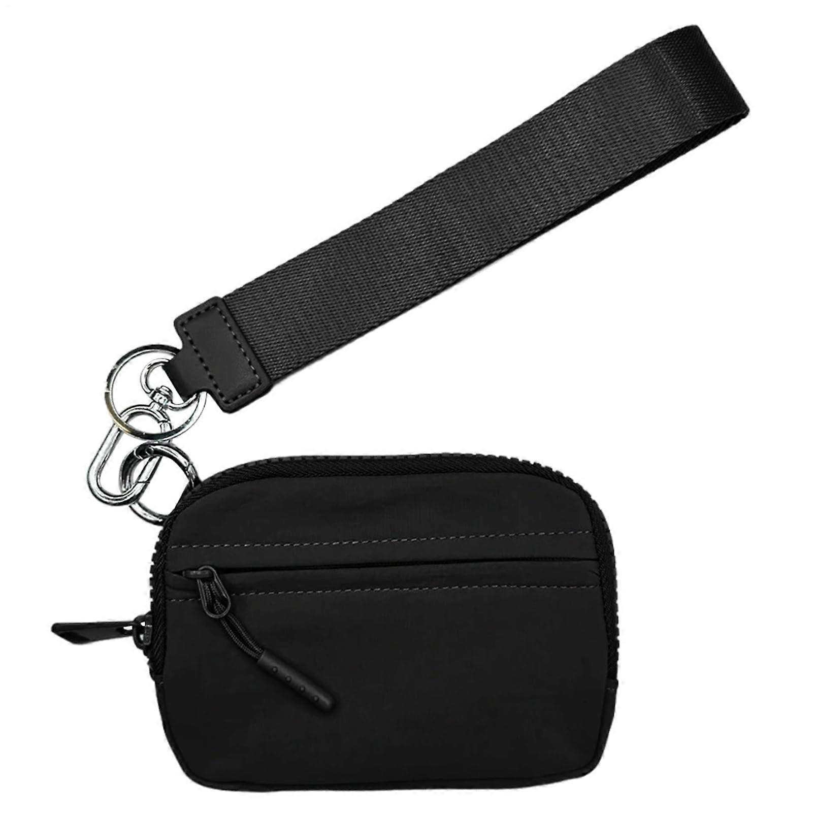 RFID Blocking Mini Card Wallet with Zipper, Durable Nylon Coin Purse Wristlet, Black Keychain