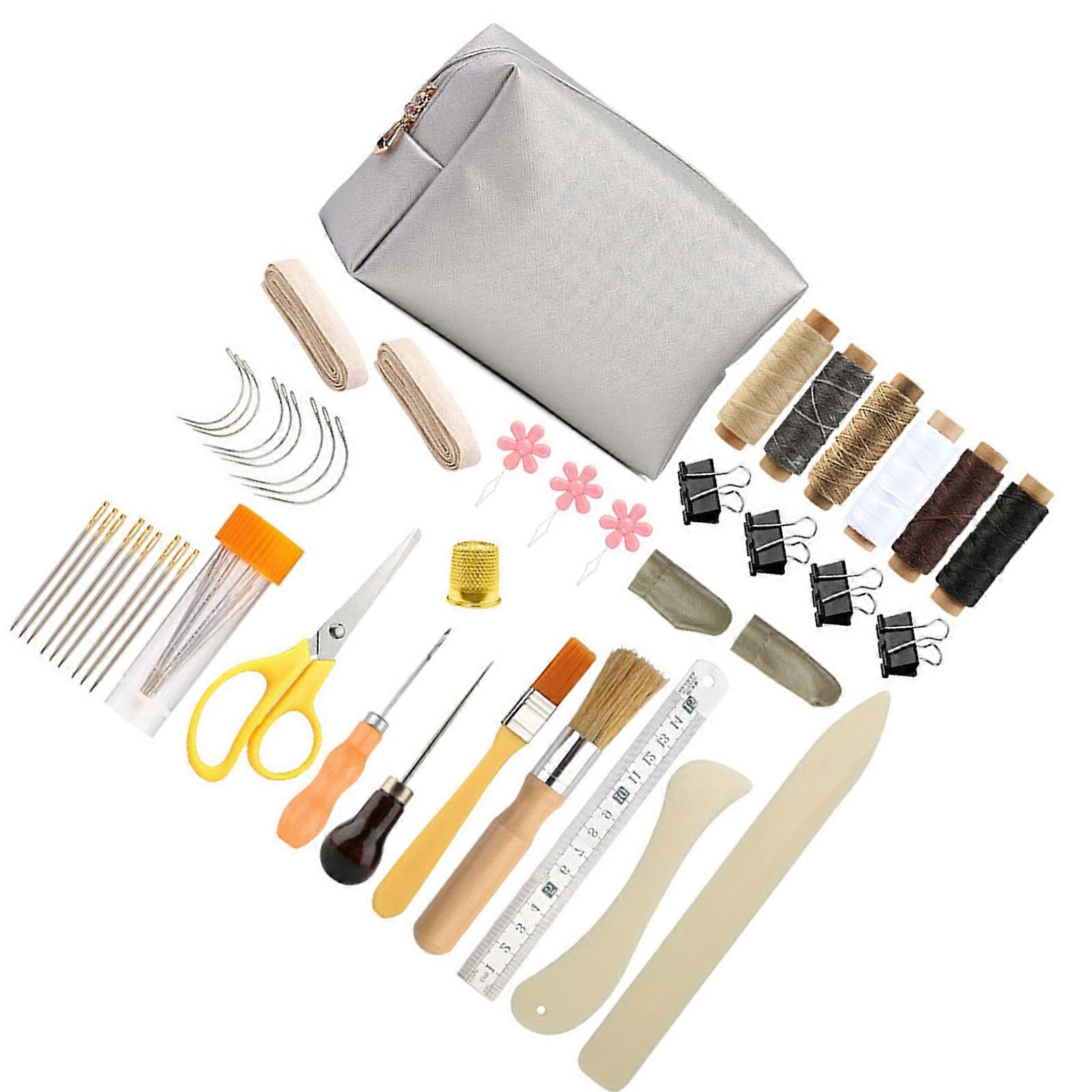 DIY Leather Craft Hand Tools Set for Sewing Stitching Stamping Carving Leather Working Tool Basic Leather Sewing Tools Multicolor