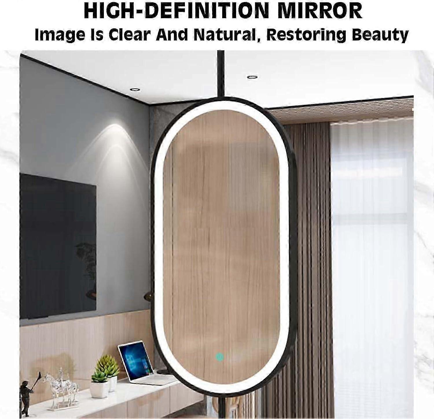 Ceiling Hanging Mirror with Lights,Oval Metal Ceiling Mounted Mirror(Black,50x90cm) Ref: 1117