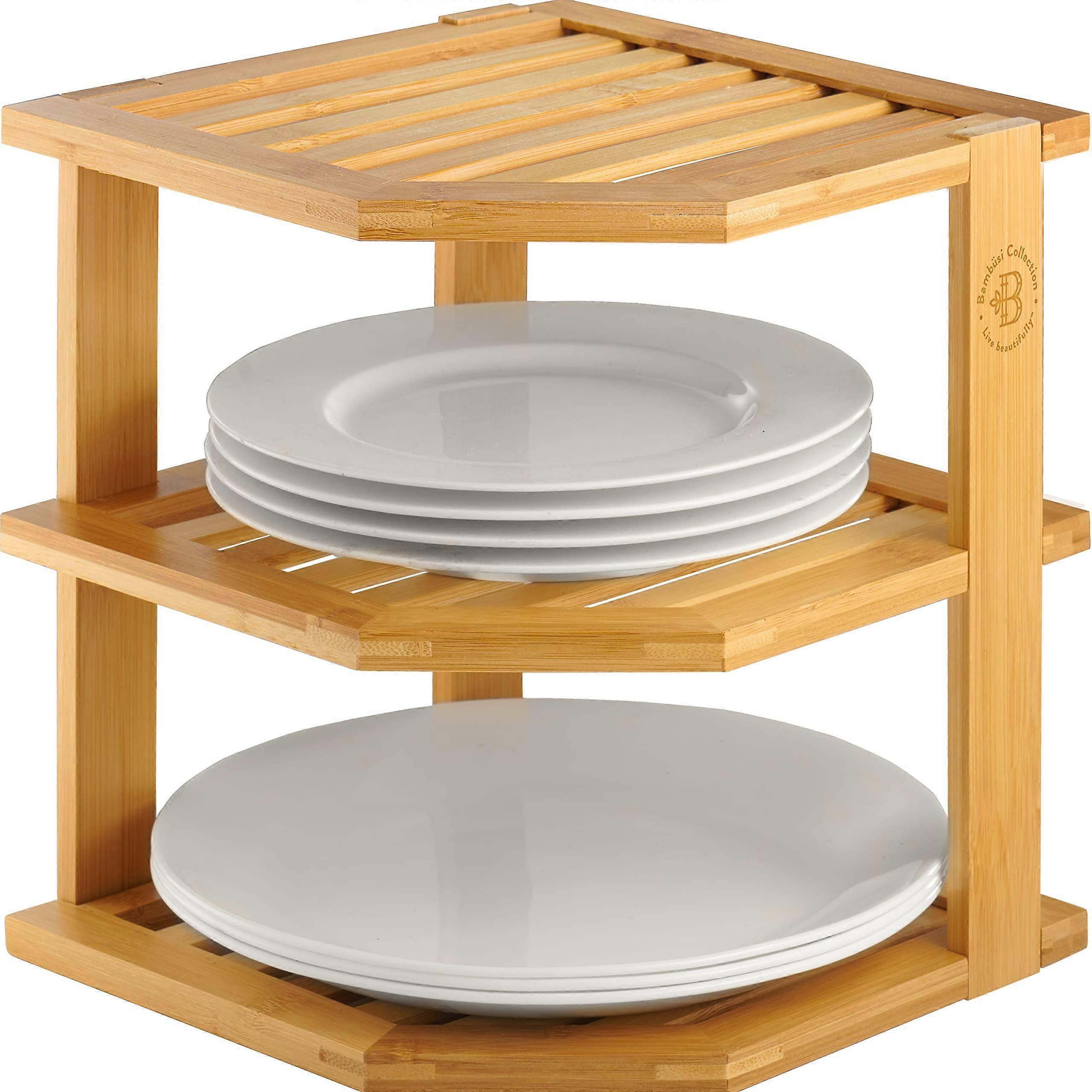 Bamboo Kitchen Organizer Corner Shelf Rack for Counter, SpaceSaving Plate and Bowl Storage
