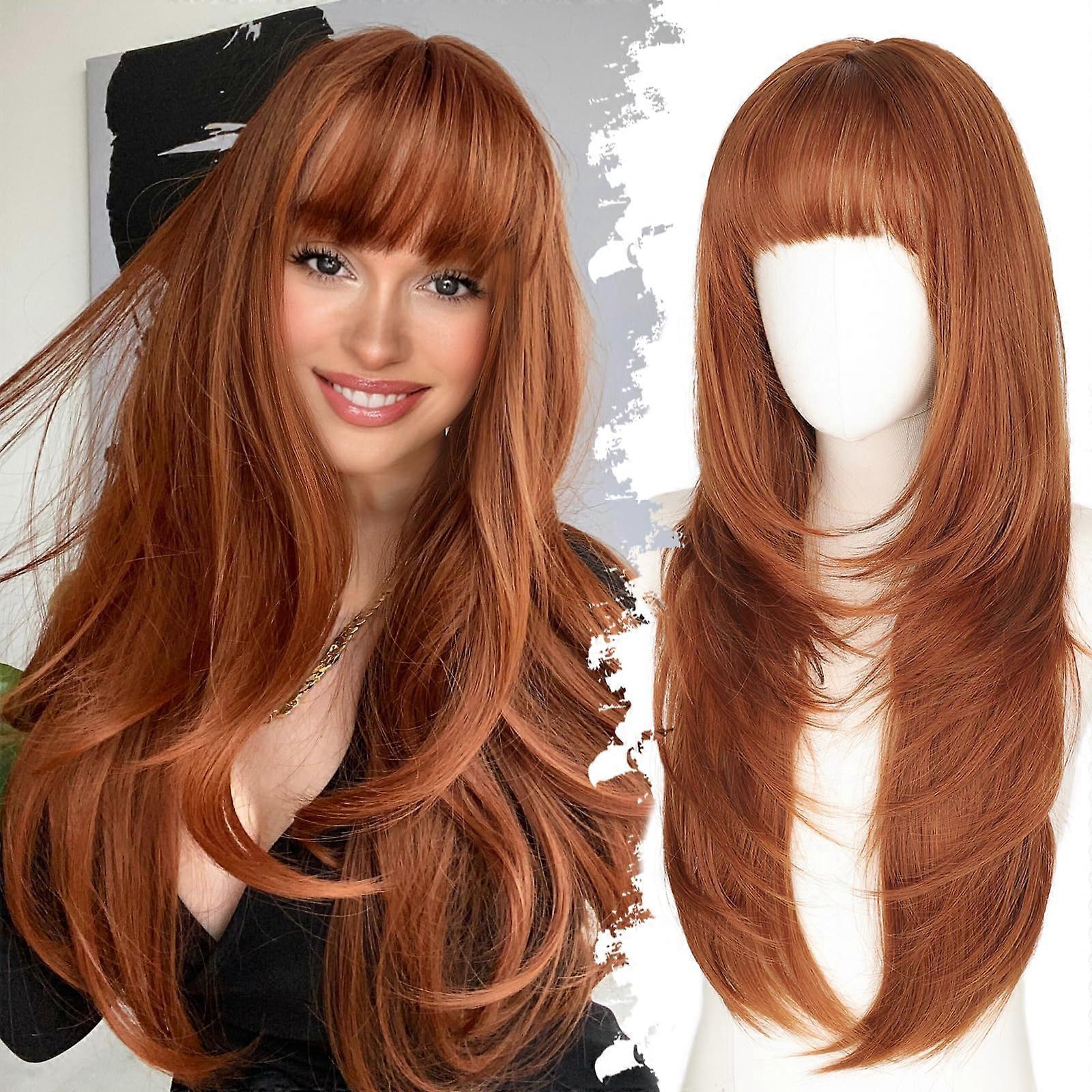 Long Ginger Wig with Bangs for Women, 26 Inch Layered Synthetic, Heat Resistant, Realistic 4x4 Scalp
