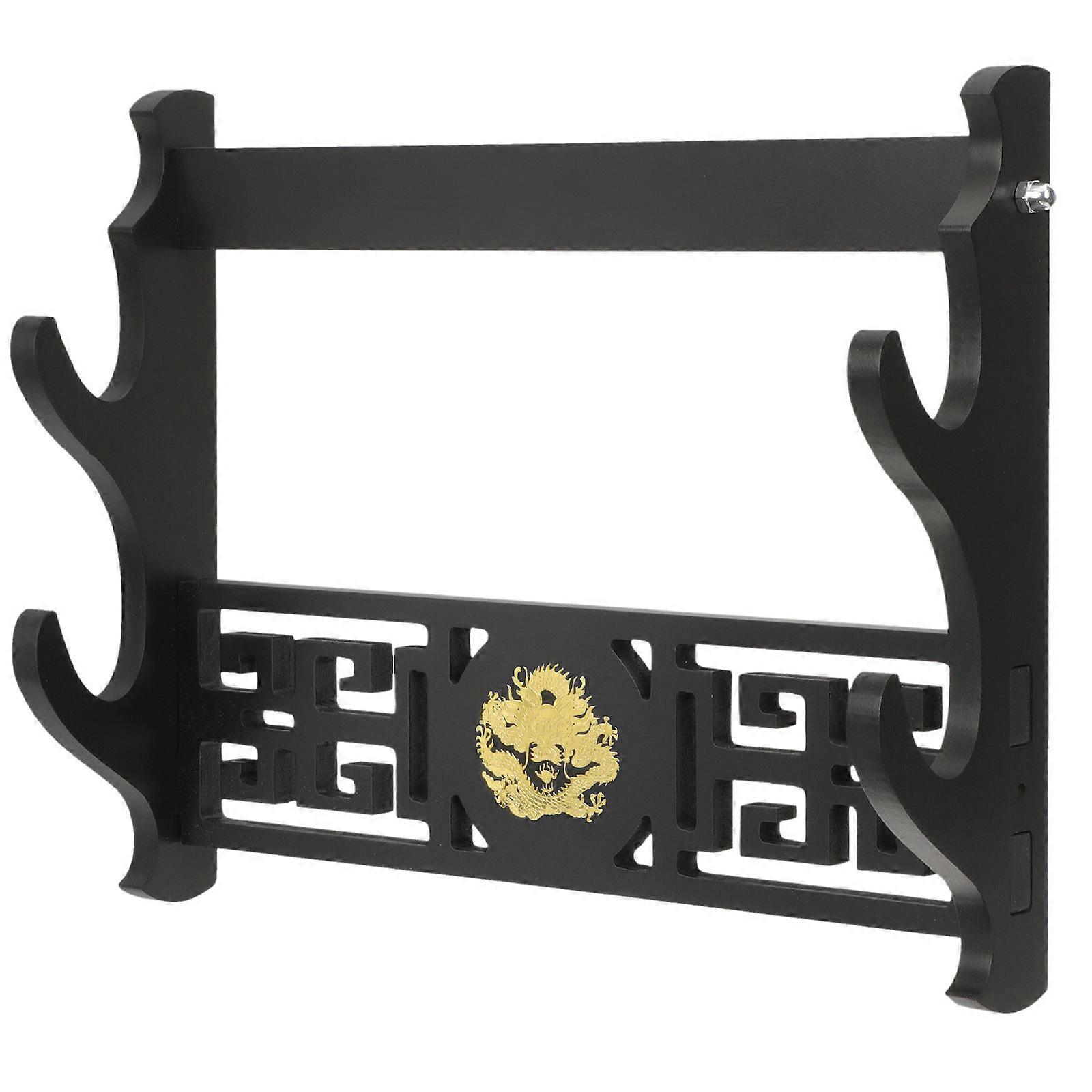 Dragon Pattern Wall-Mounted Sword Stand for Storage Holder Black Wood