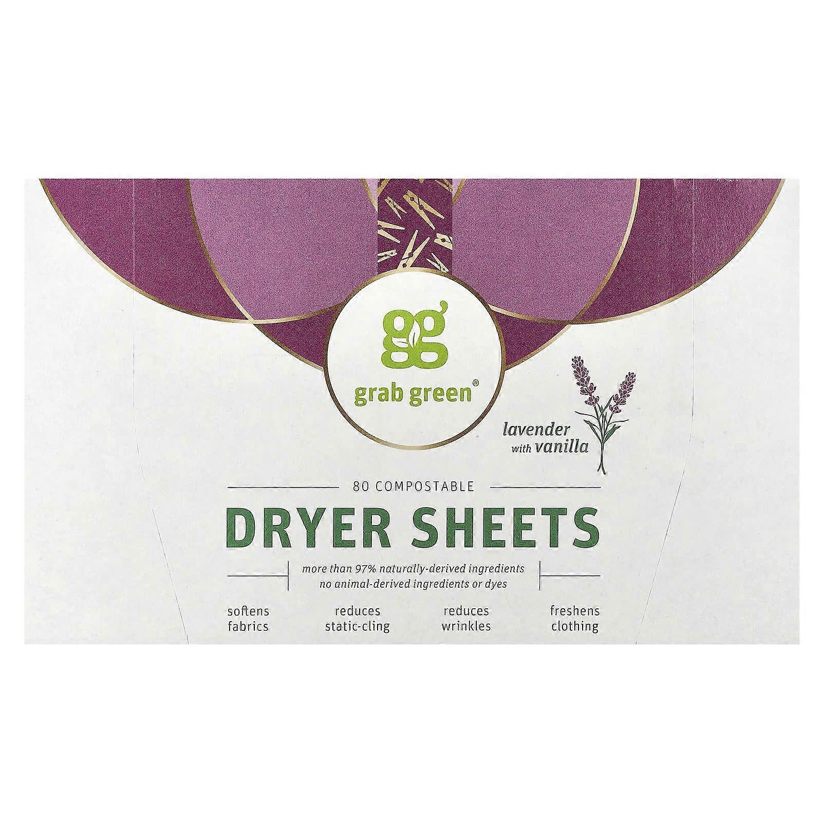 Grab Green, Dryer Sheets, Lavender with Vanilla, 80 Compostable Sheets, 2-Pack